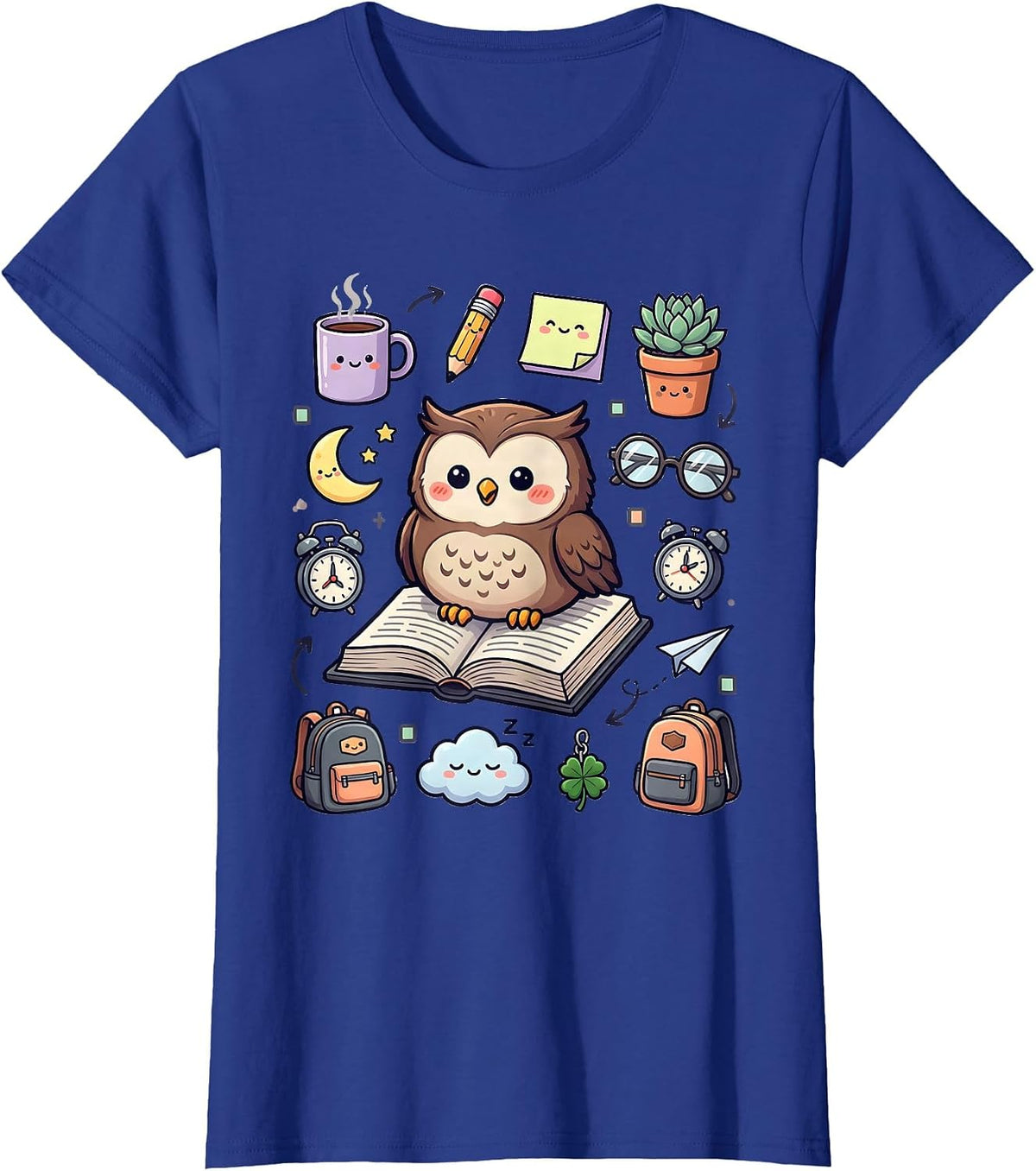 Women's Wise Owl on Open Textbook College Design T-Shirt - Royal Blue