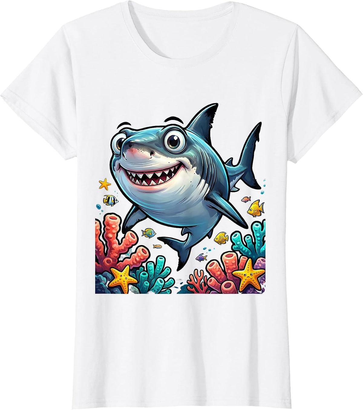 Mama Shark Coral Reef Ocean Illustration T-Shirt - White