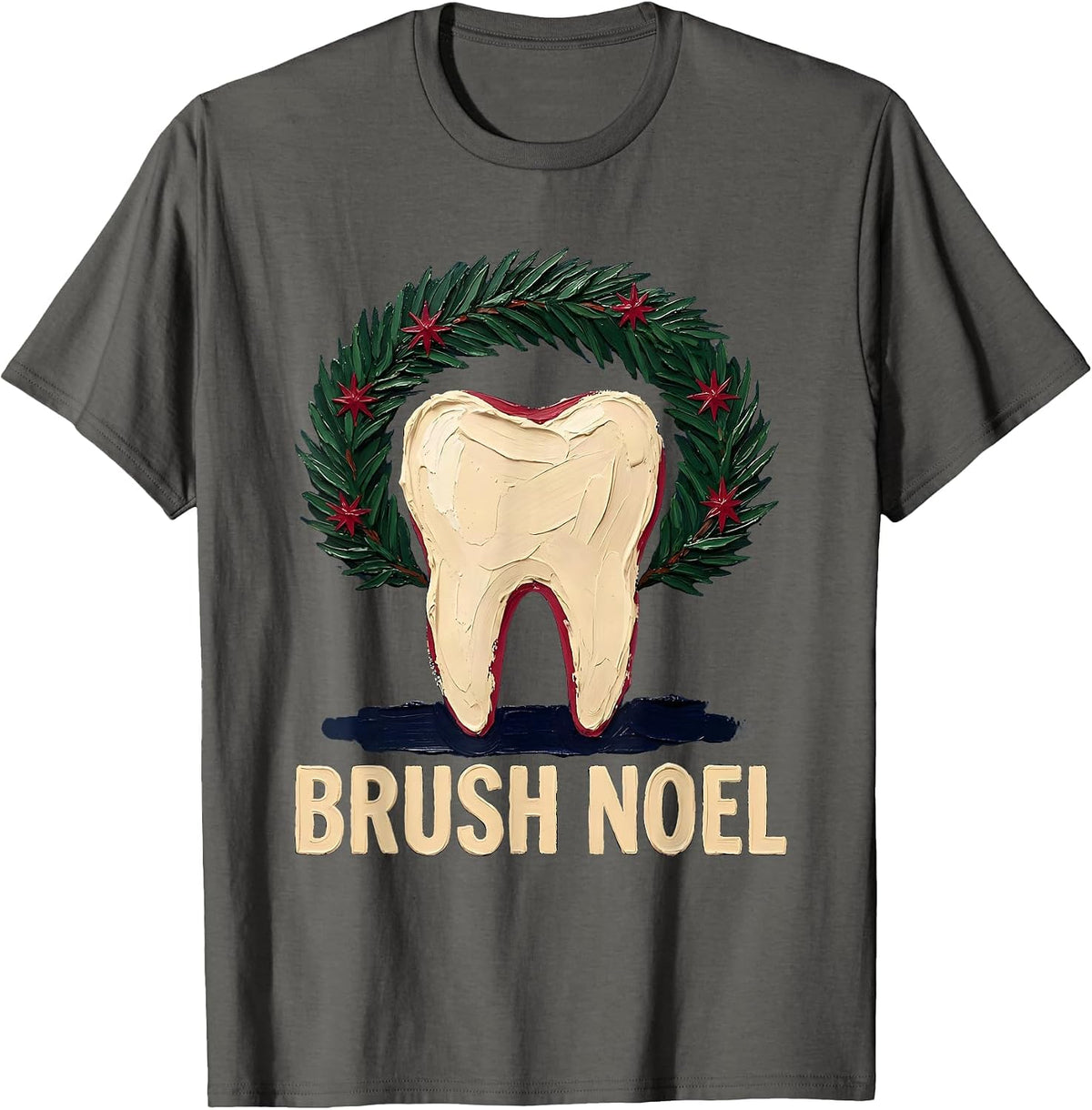 Men's Brush Noel Funny Dental Christmas Dental Hygienist Crew T-Shirt - Asphalt Grey