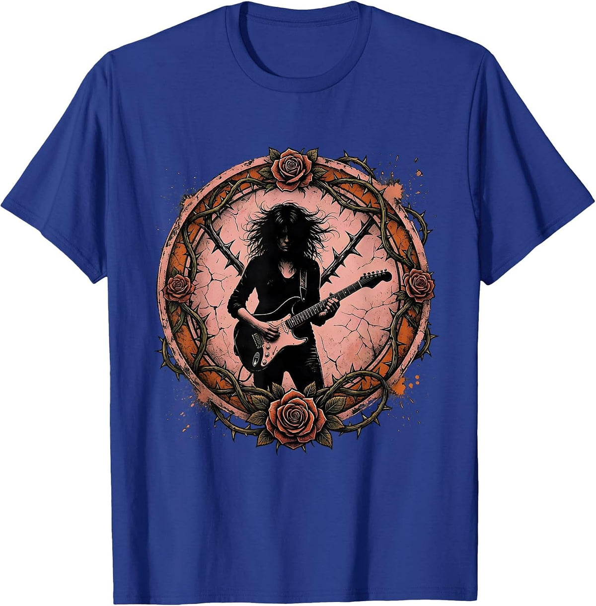 Guitarist with Roses and Thorns Illustration T-Shirt - Royal Blue