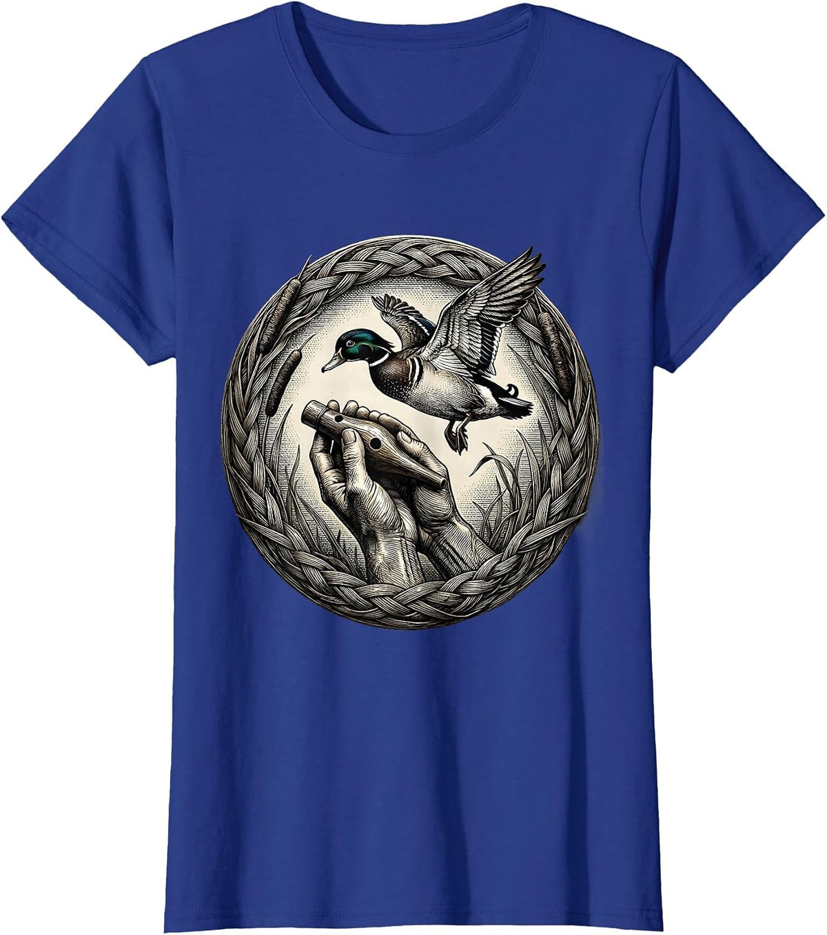 Women's Duck Caller Weathered Lips Hunting Illustration T-Shirt - Royal Blue