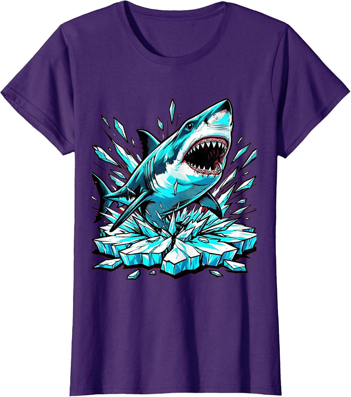 Women's Shark Bursting Through Cracked Ice Graphic T-Shirt - Purple