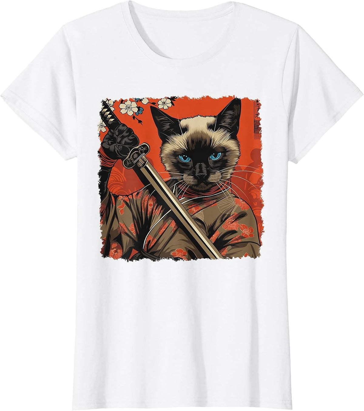 Siamese Cat Japanese Art Samurai Ukiyo-e Vintage T-Shirt - White
