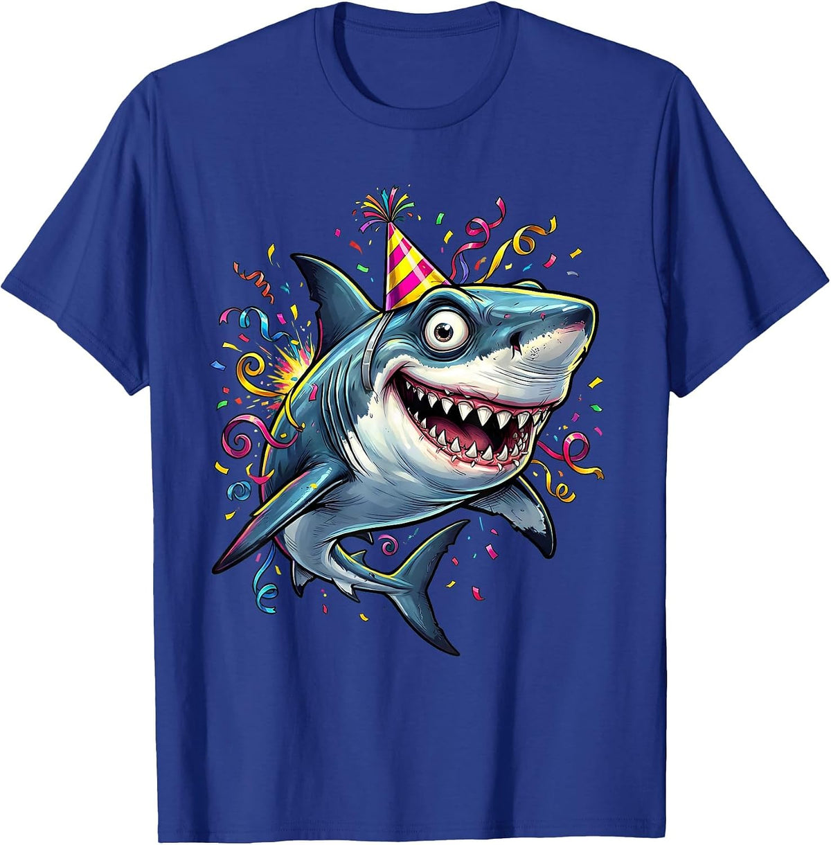Men's Shark Birthday Hat Swimming Streamers Celebration T-Shirt - Royal Blue