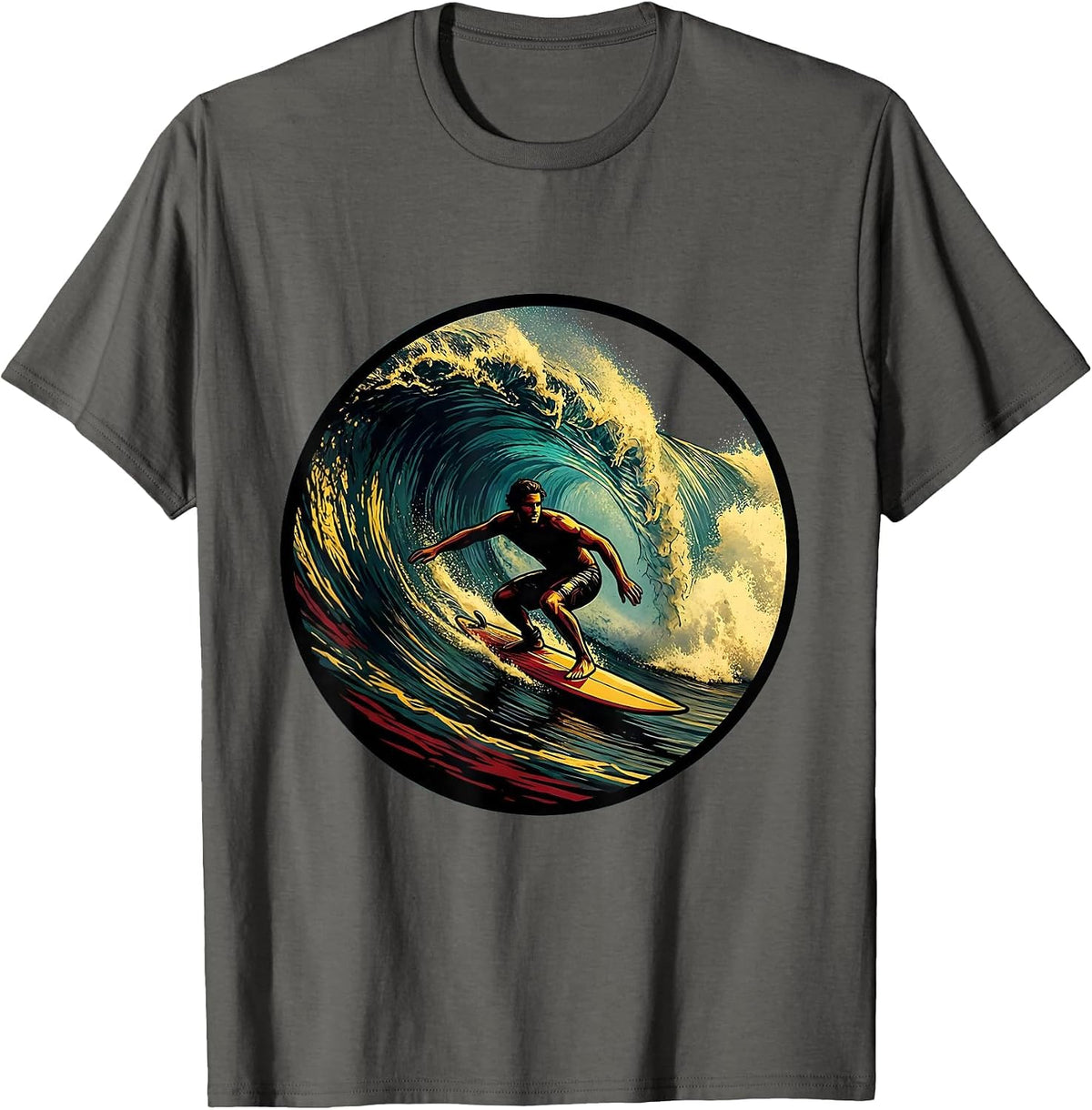 Retro Surfer Riding Massive Curling Wave T-Shirt - Asphalt Grey