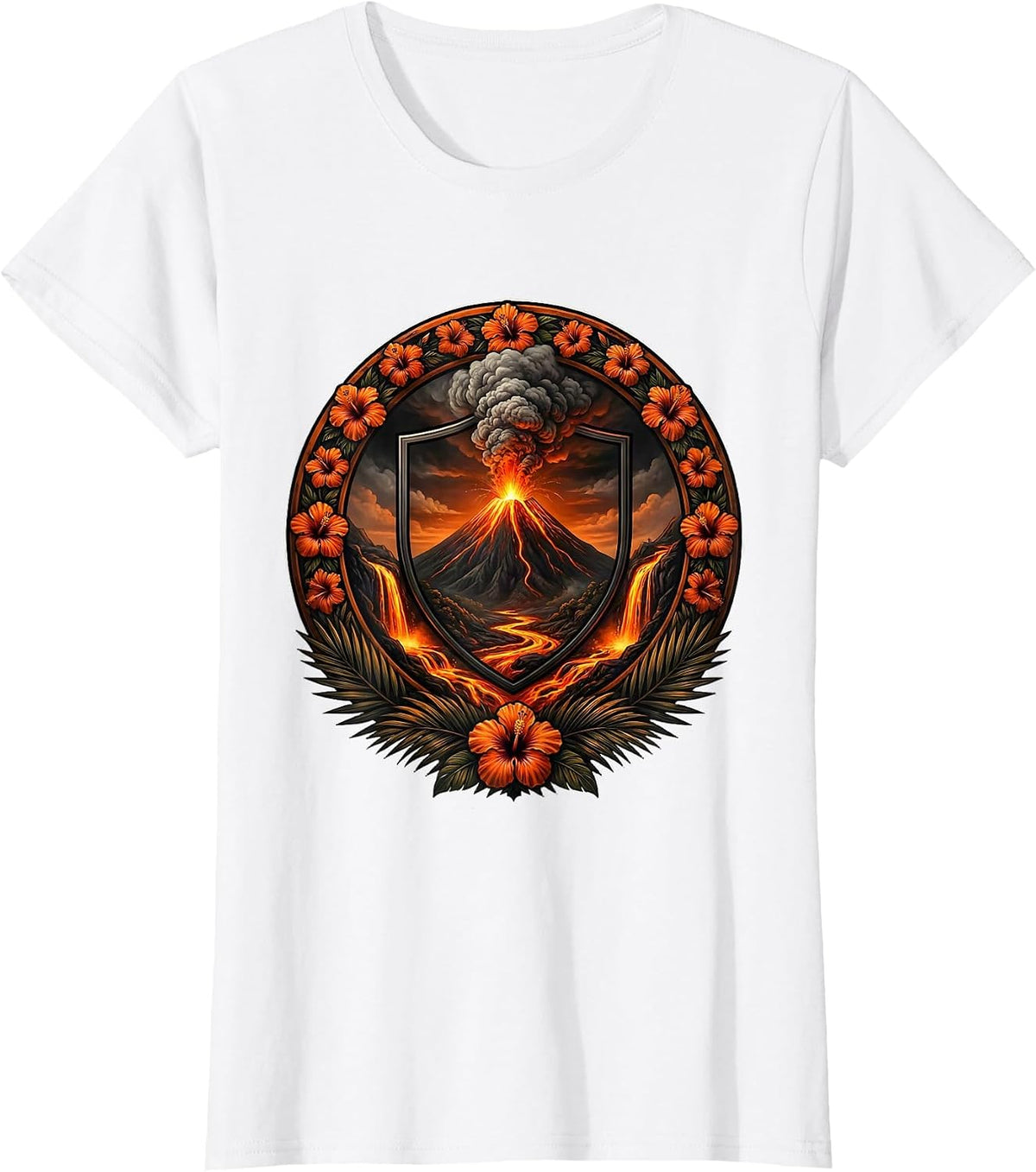 Women's Hawaiian Volcano Eruption Glowing Lava Flow Graphic T-Shirt - White