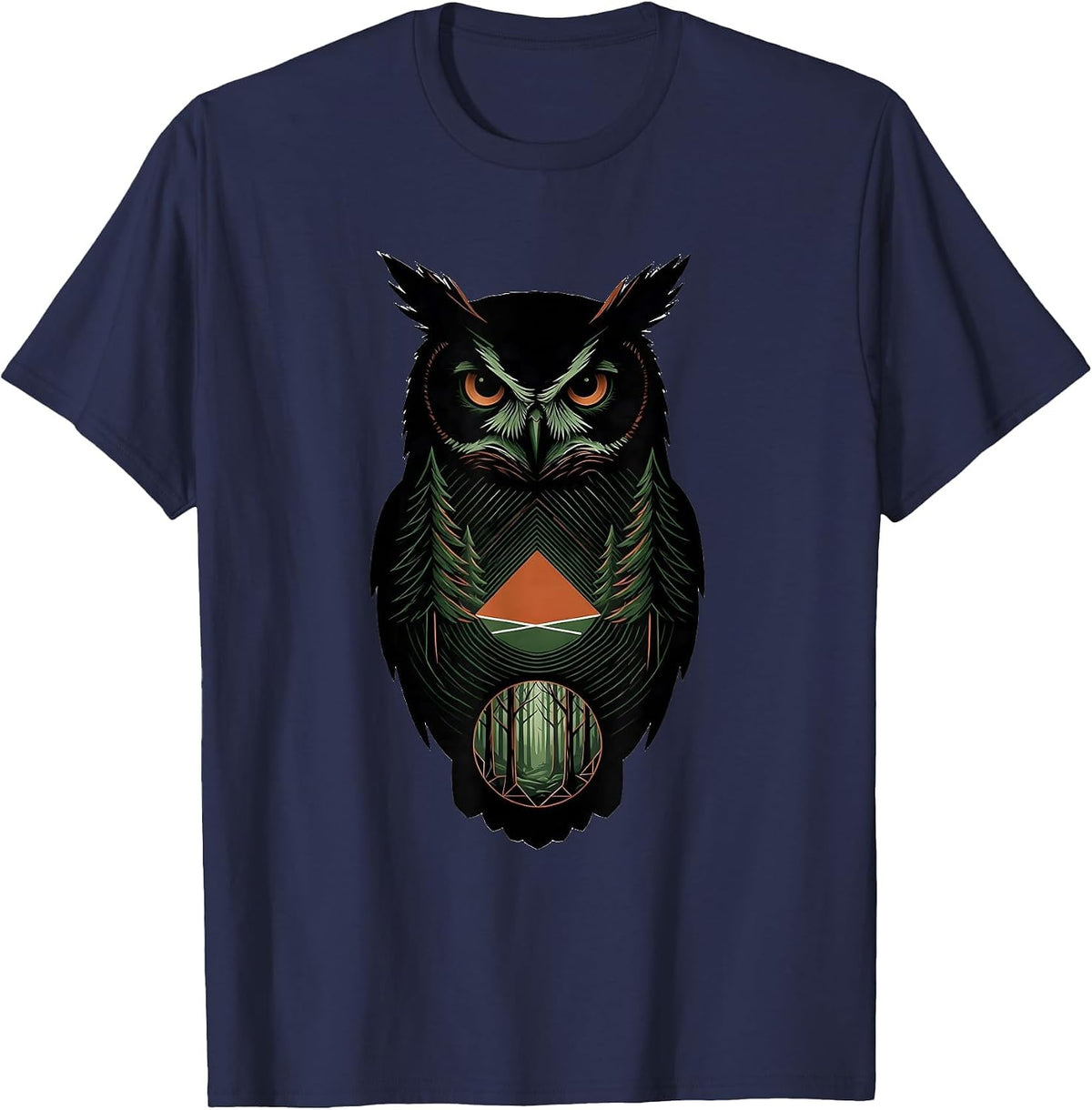 Men's Solid Owl Geometric Forest Retro Nature Wildlife T-Shirt - Navy Blue