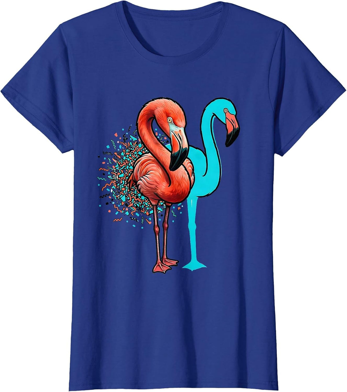 Women's Pink Flamingo Hook Gesture Memphis Postmodern Bird Lover T-Shirt - Royal Blue