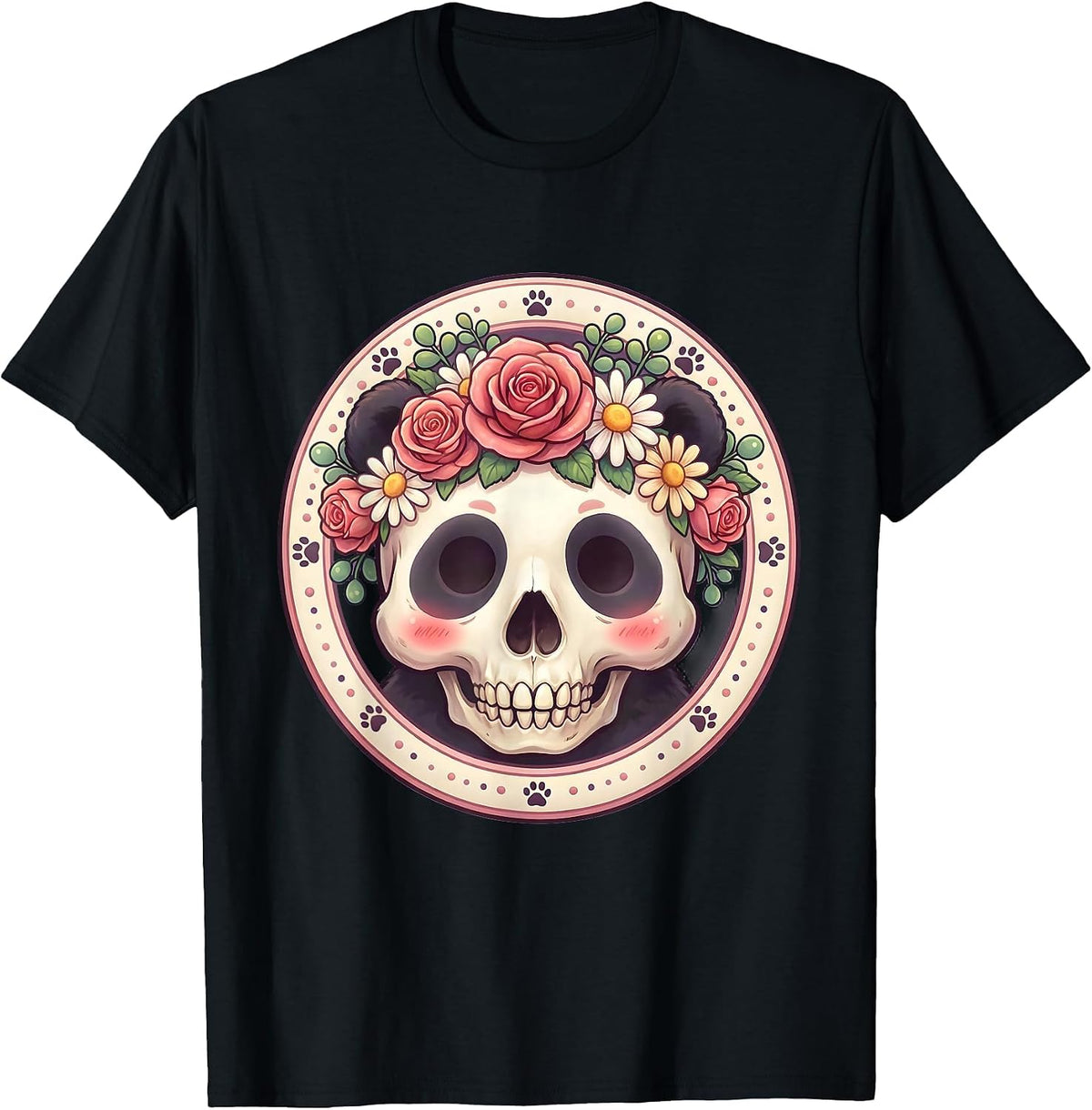 Men's Panda Skull Floral Crown Dark Art Design T-Shirt - Black