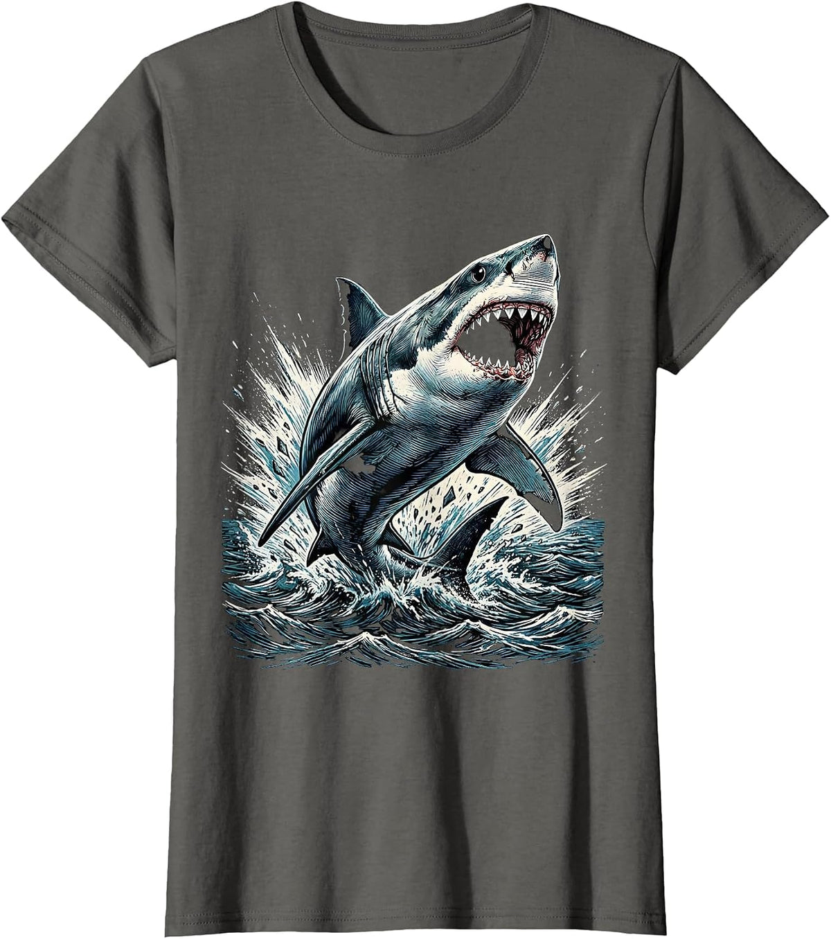 Women's Boys Shark Bursting Through Ocean Surface T-Shirt - Asphalt Grey