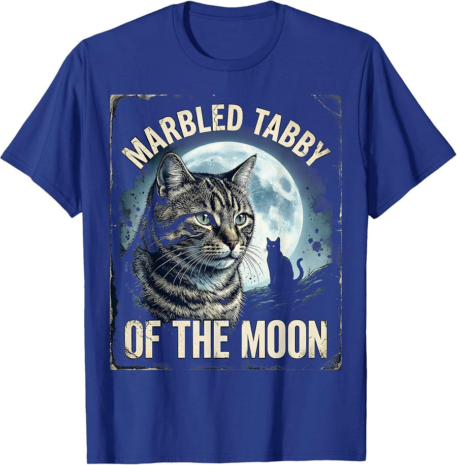 Marbled Tabby Of The Moon Distressed Funny Cat Art T-Shirt - Royal Blue