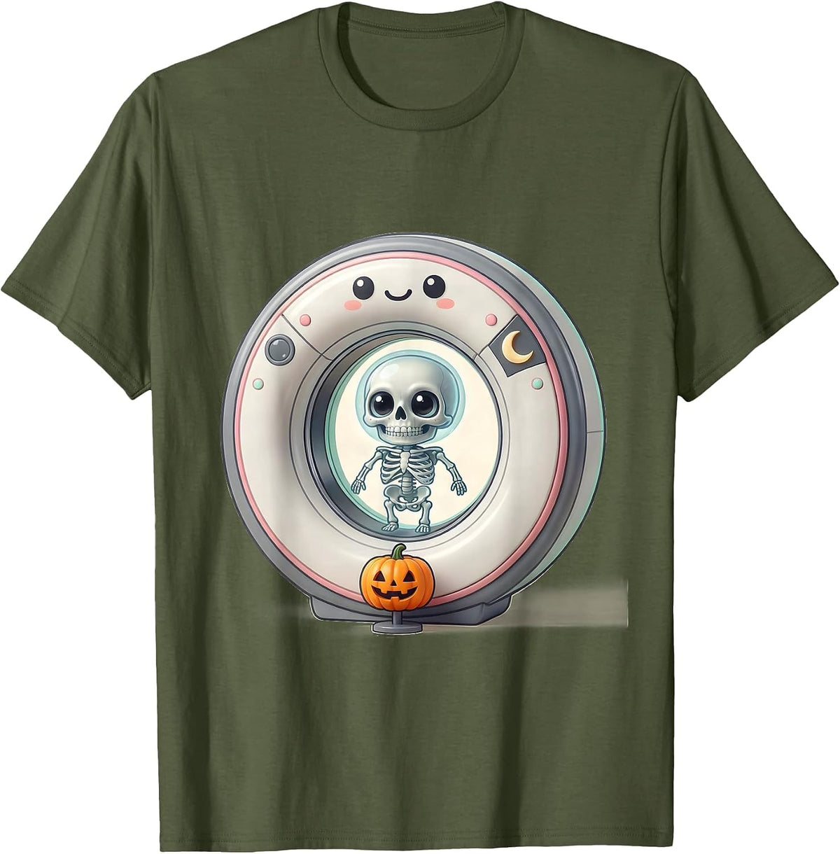 Men's Cute Kawaii CT Scanner Skeleton Halloween Radiology Tech T-Shirt - Olive Green