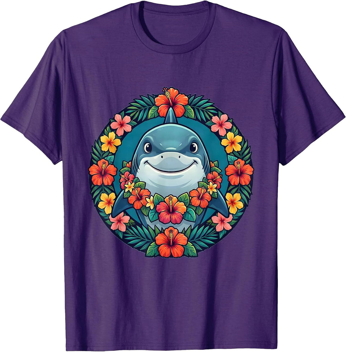 Men's Cute Shark Floral Lei Hawaiian Graphic Tee T-Shirt - Purple
