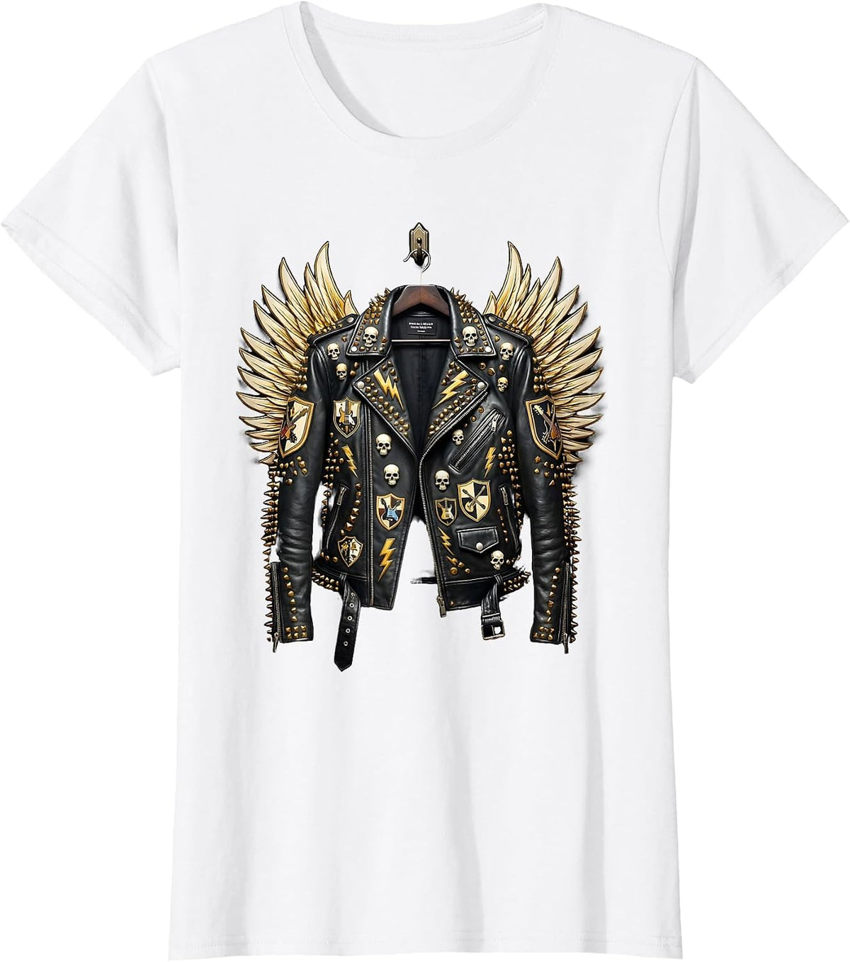 Rock Leather Jacket Patches and Pins Graphic T-Shirt - White