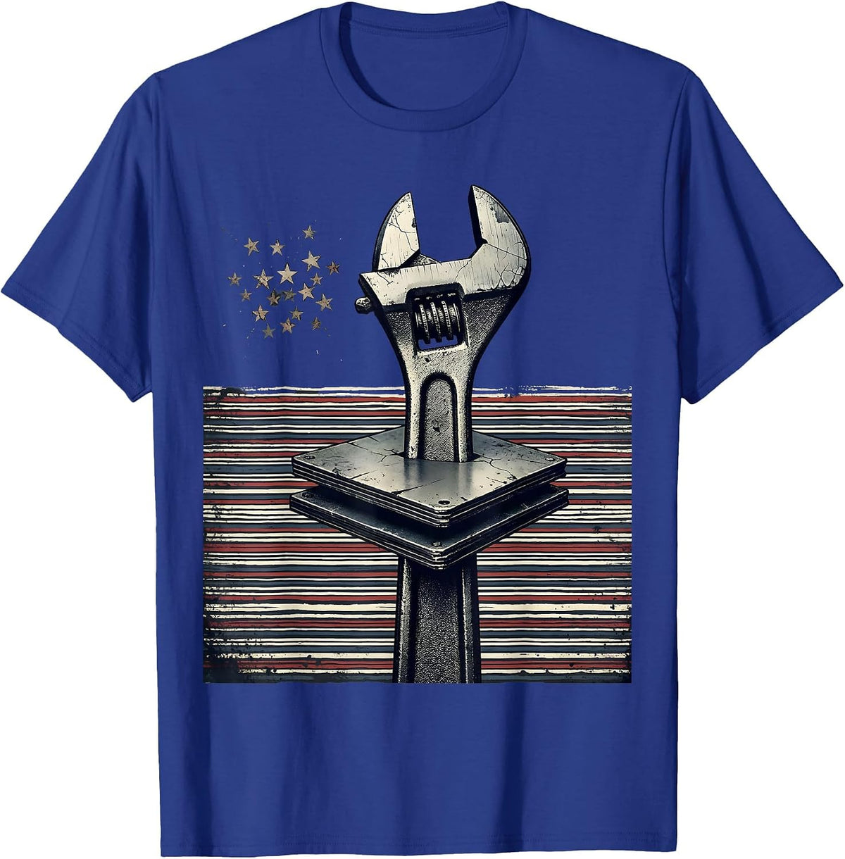 Mechanical Wrench Distressed Flag Oilfield Worker T-Shirt - Royal Blue