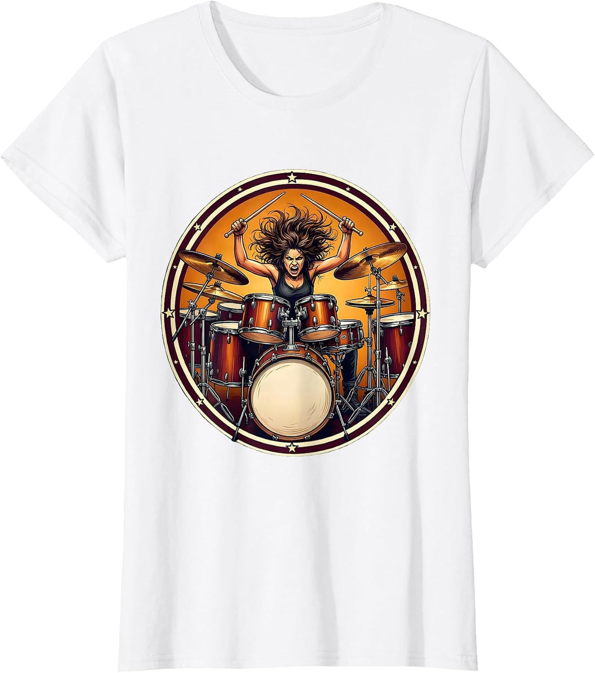 Drummer Girl Behind Massive Drum Kit Illustration T-Shirt - White