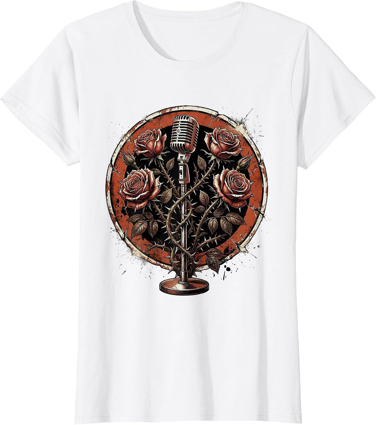 Microphone Stand Thorny Roses Classic Rock Art T-Shirt - White