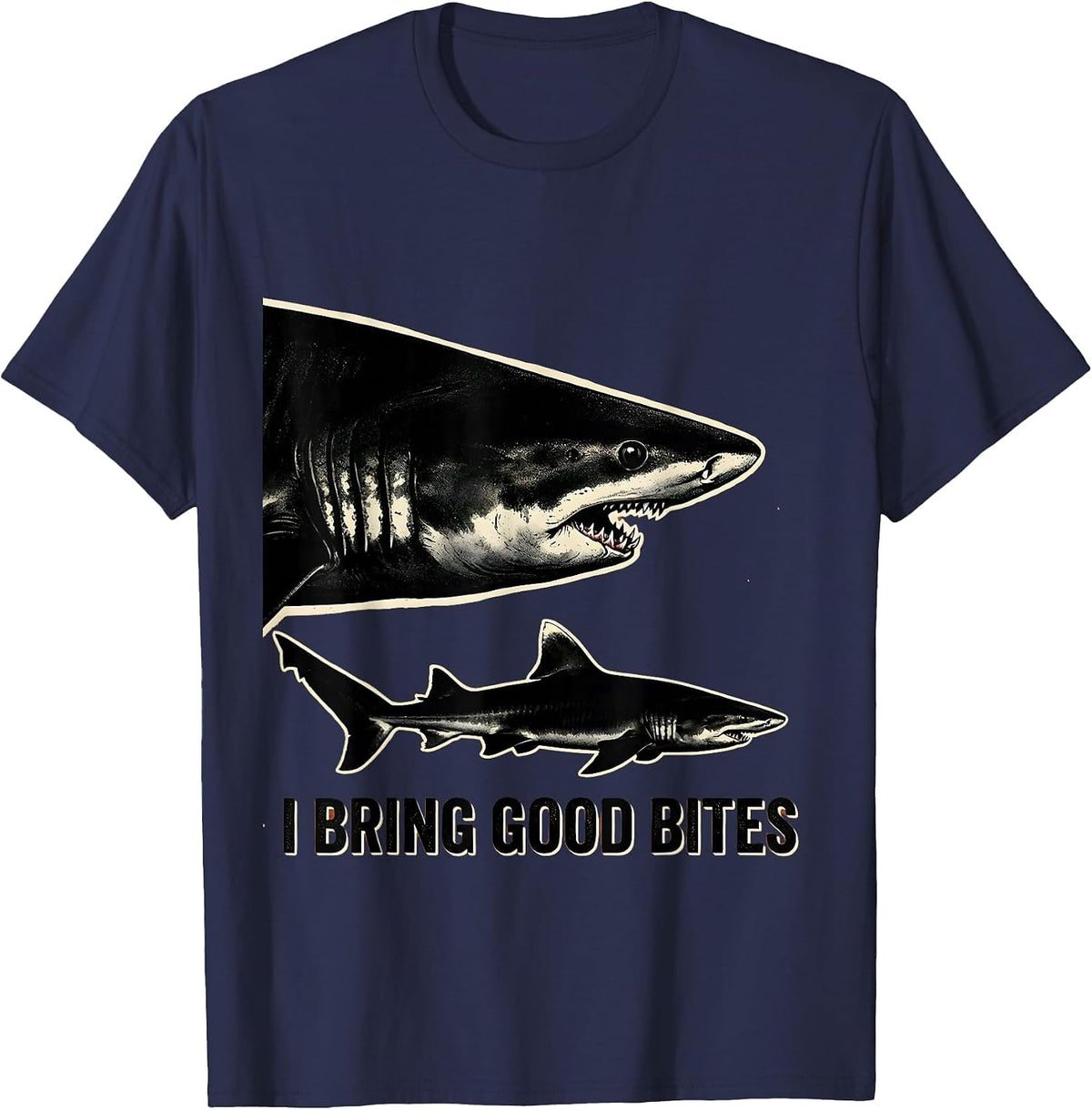 I Bring Good Bites Playful Shark Lover Ocean Wildlife Humor T-Shirt - Navy Blue