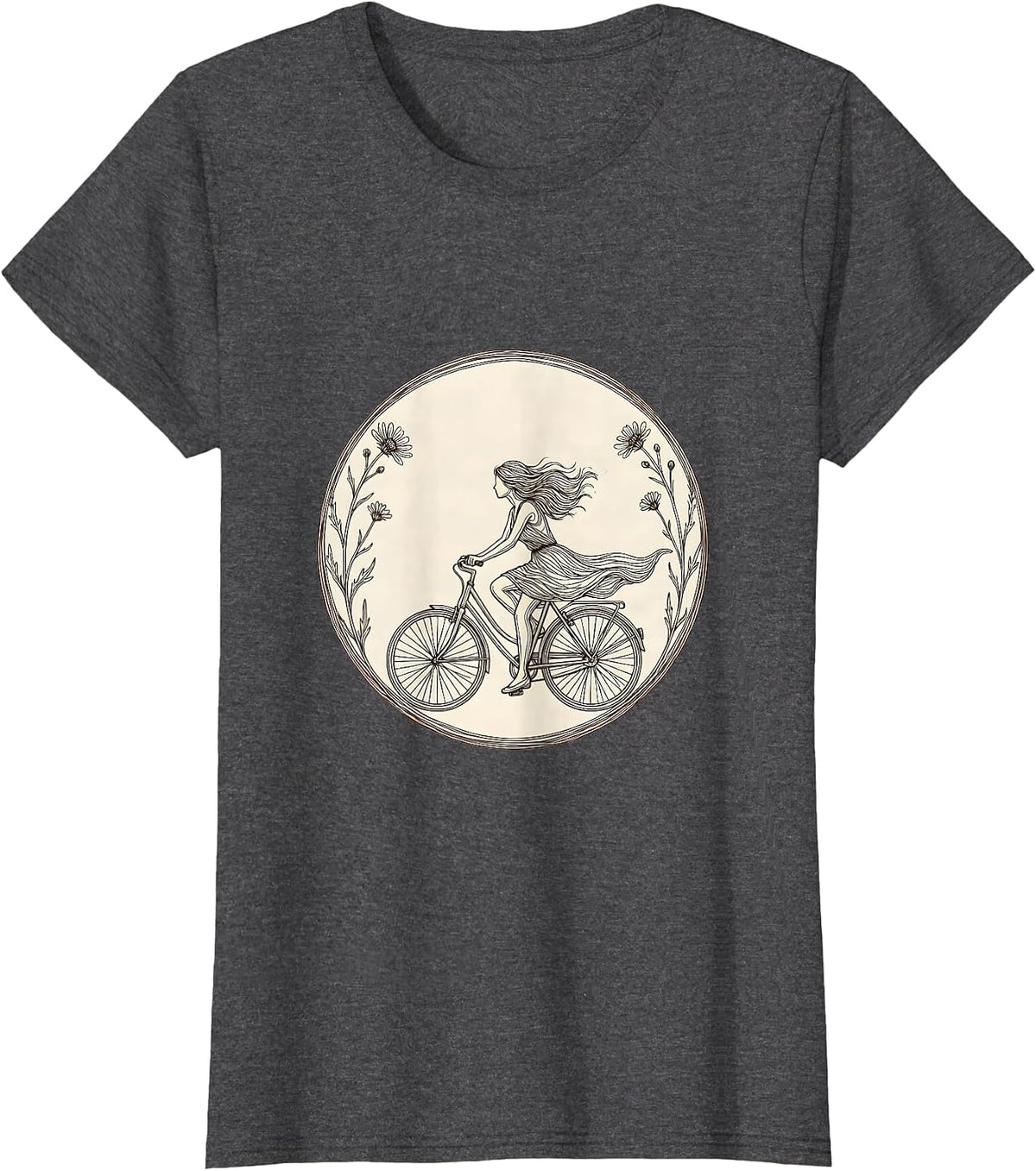 Women's Bicycle Freedom Flower Road Graphic Tee T-Shirt - Dark Heather Grey