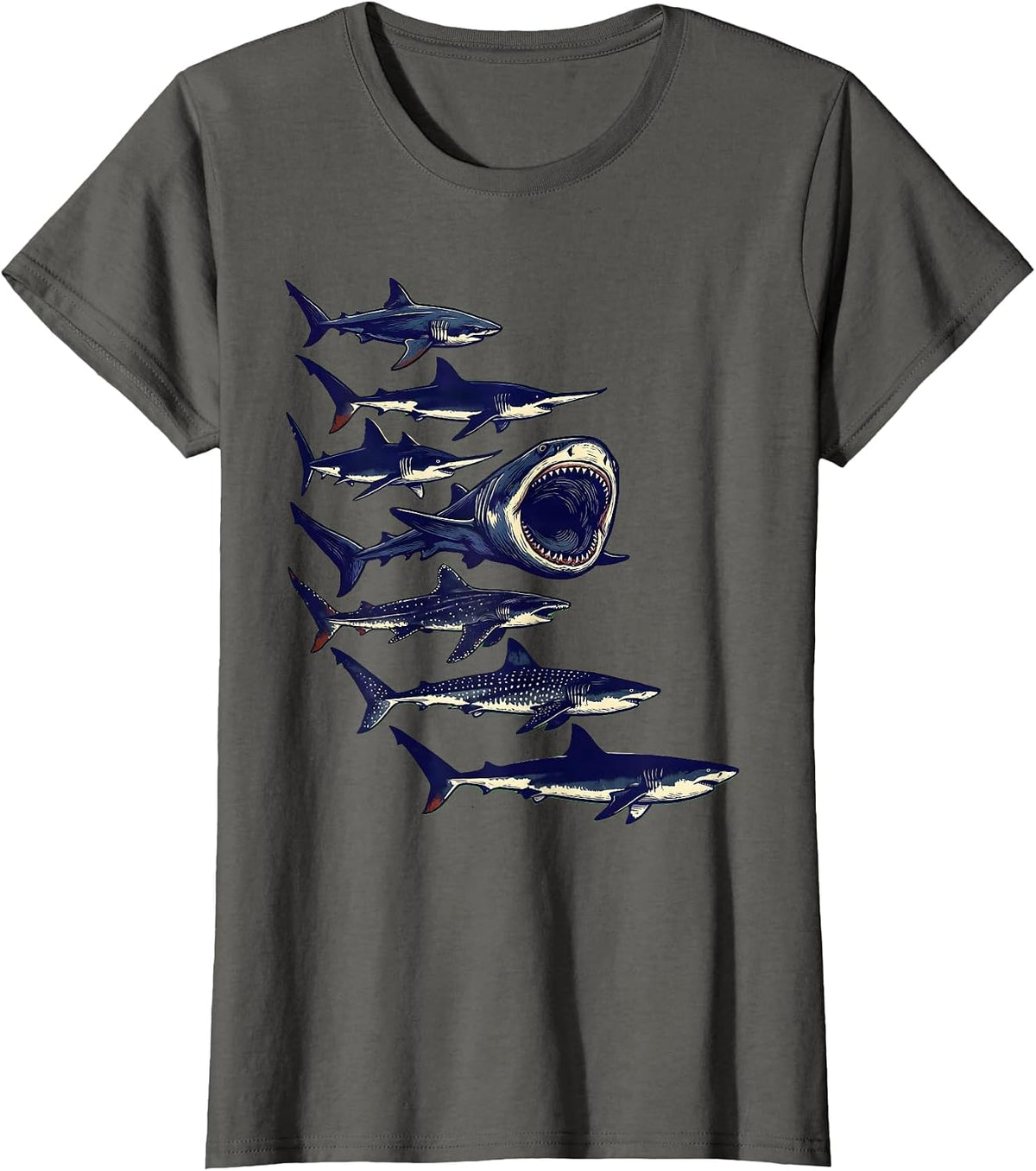 Women's Shark Species Linocut Marine Biology Ocean Lover Humor T-Shirt - Asphalt Grey