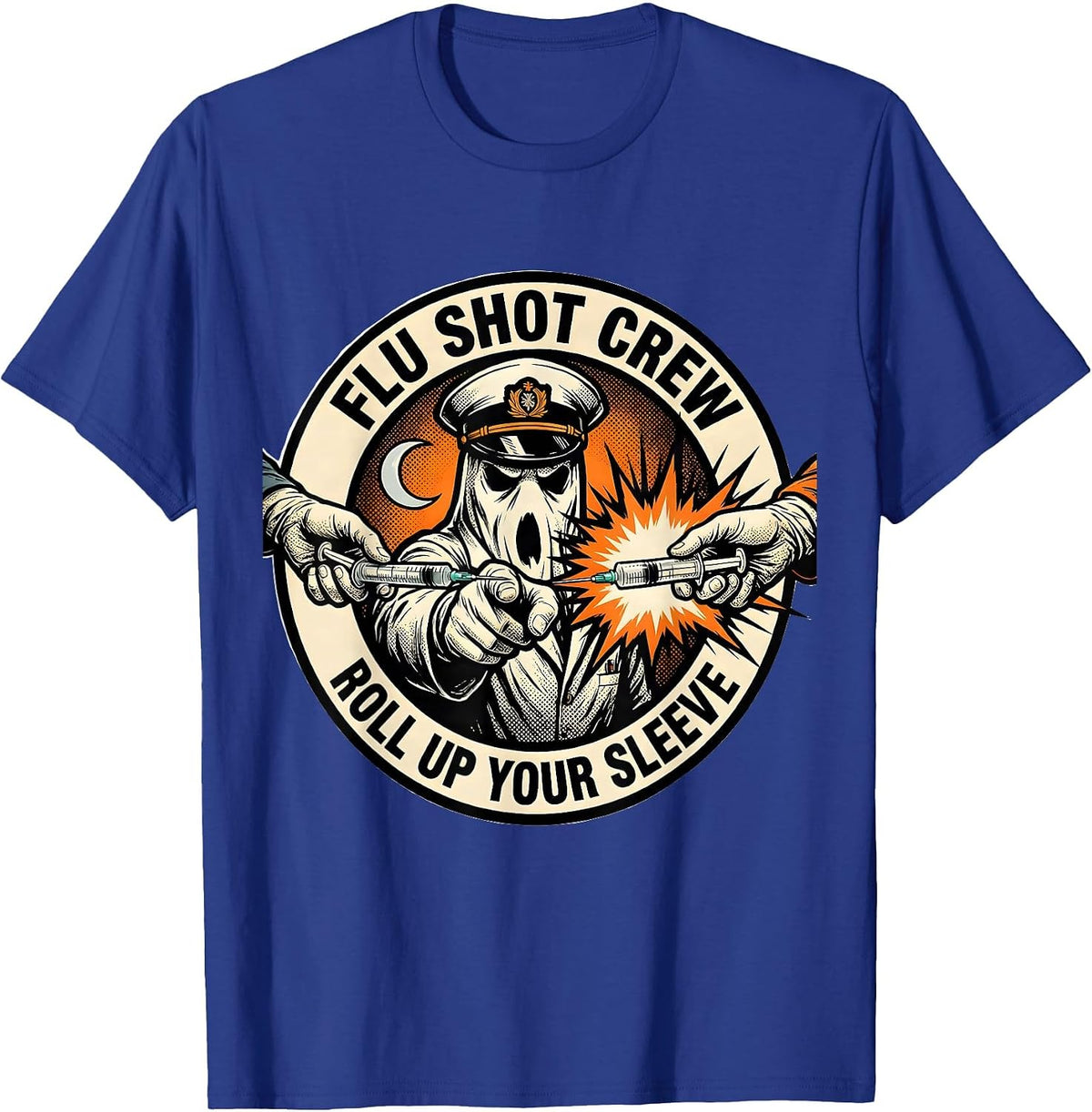 Men's Flu Shot Crew Roll Up Your Sleeve Funny Nurse Ghost T-Shirt - Royal Blue