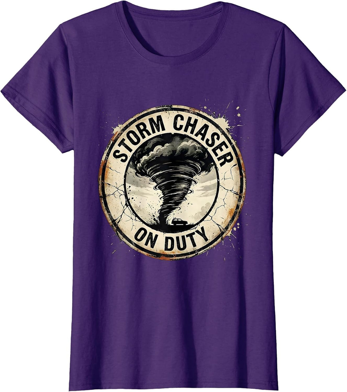 Women's Distressed Rope Funnel Badge Storm Chaser Meteorology Humor T-Shirt - Purple