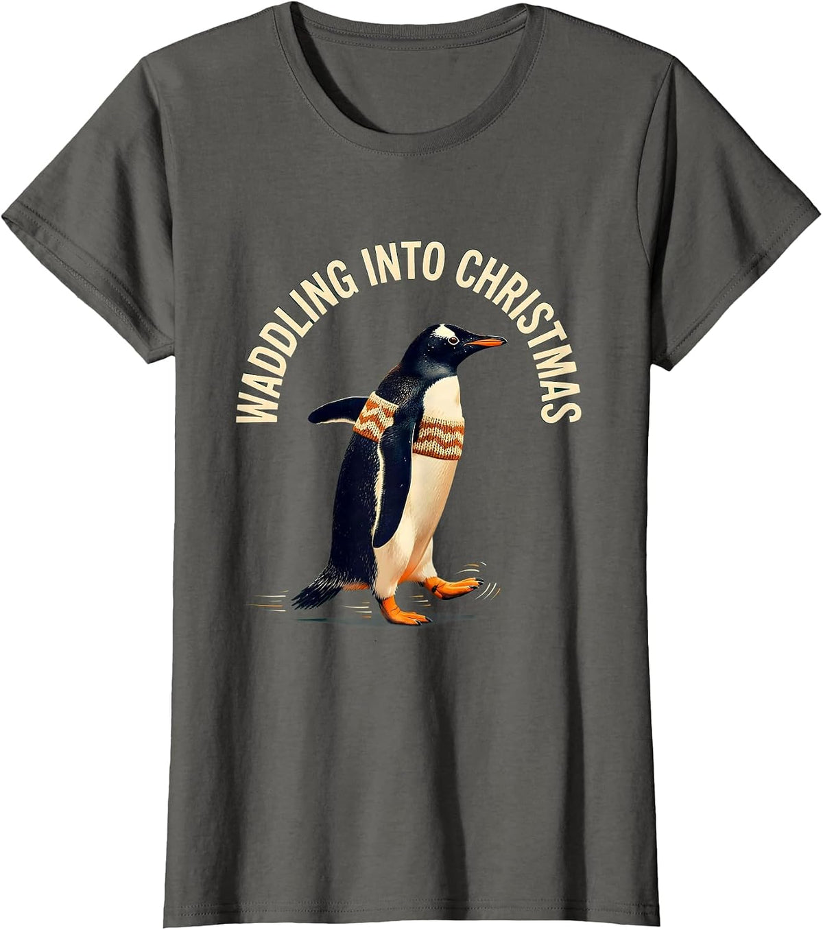Women's Waddling Into Christmas Funny Penguin Lover Ugly Christmas T-Shirt - Asphalt Grey
