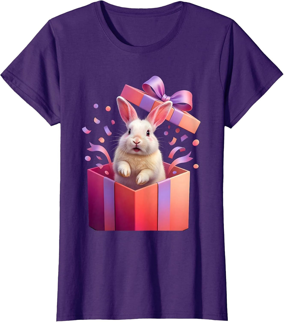 Rabbit Popping Out of Birthday Gift Box T-Shirt - Purple