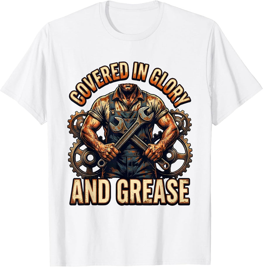 Men's Covered in Glory and Grease Mechanic Design T-Shirt - White
