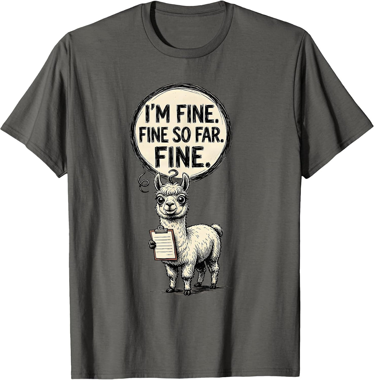 I'm Fine Fine So Far Fine Hand-Sketched Cat Lover Stress T-Shirt - Asphalt Grey