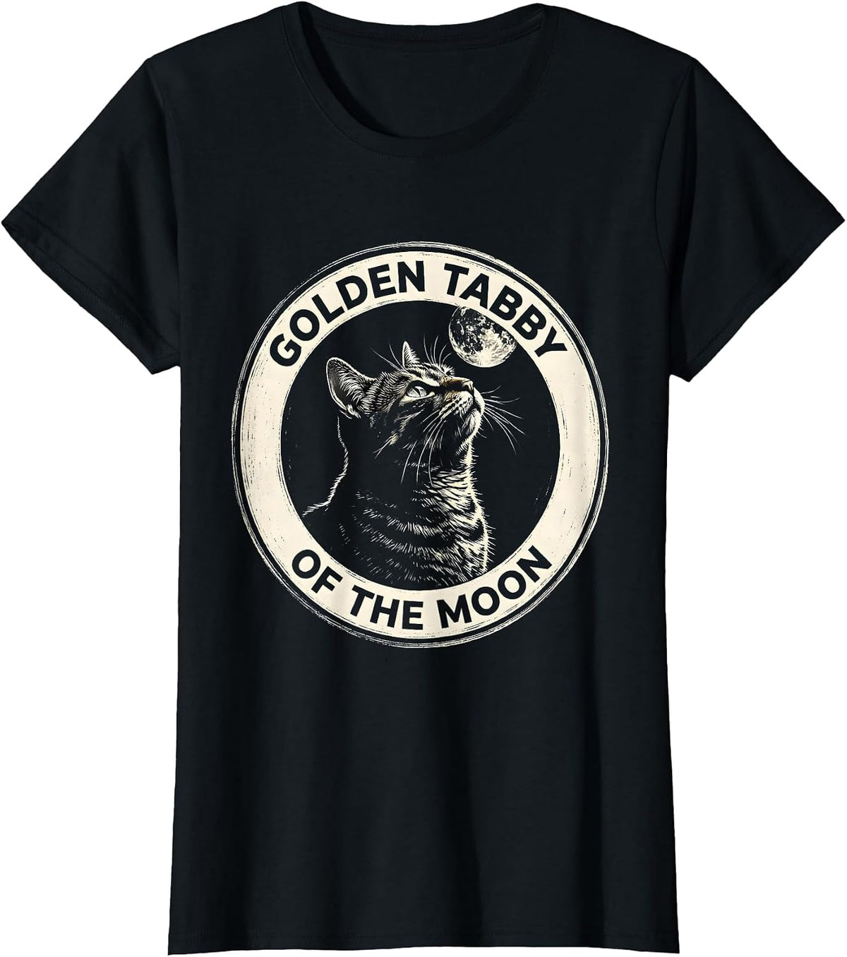 Golden Tabby Of The Moon Scratchboard Retro Cat Art T-Shirt - Black