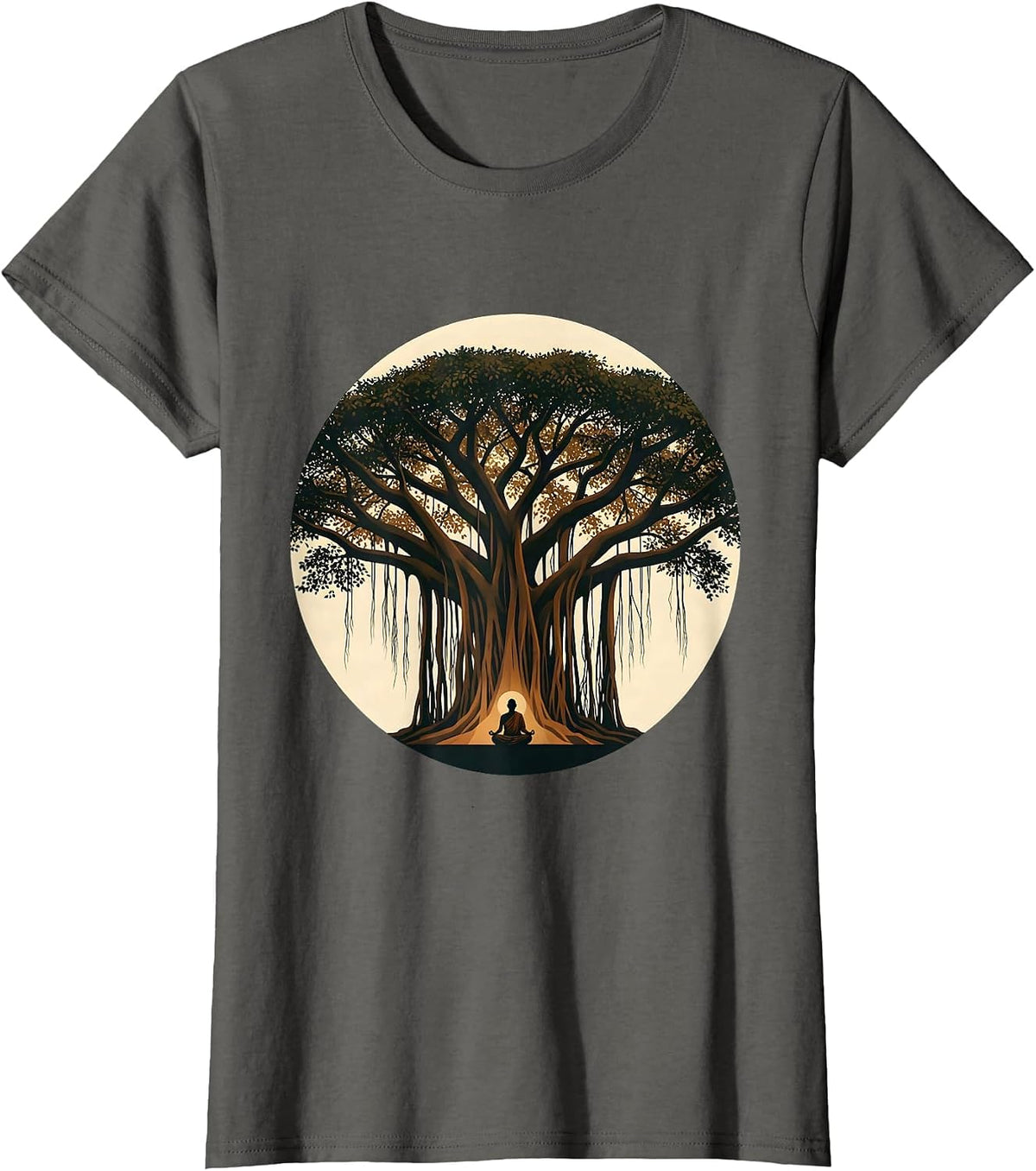 Women's Be Still Monk Under Banyan Tree Graphic Tee T-Shirt - Asphalt Grey