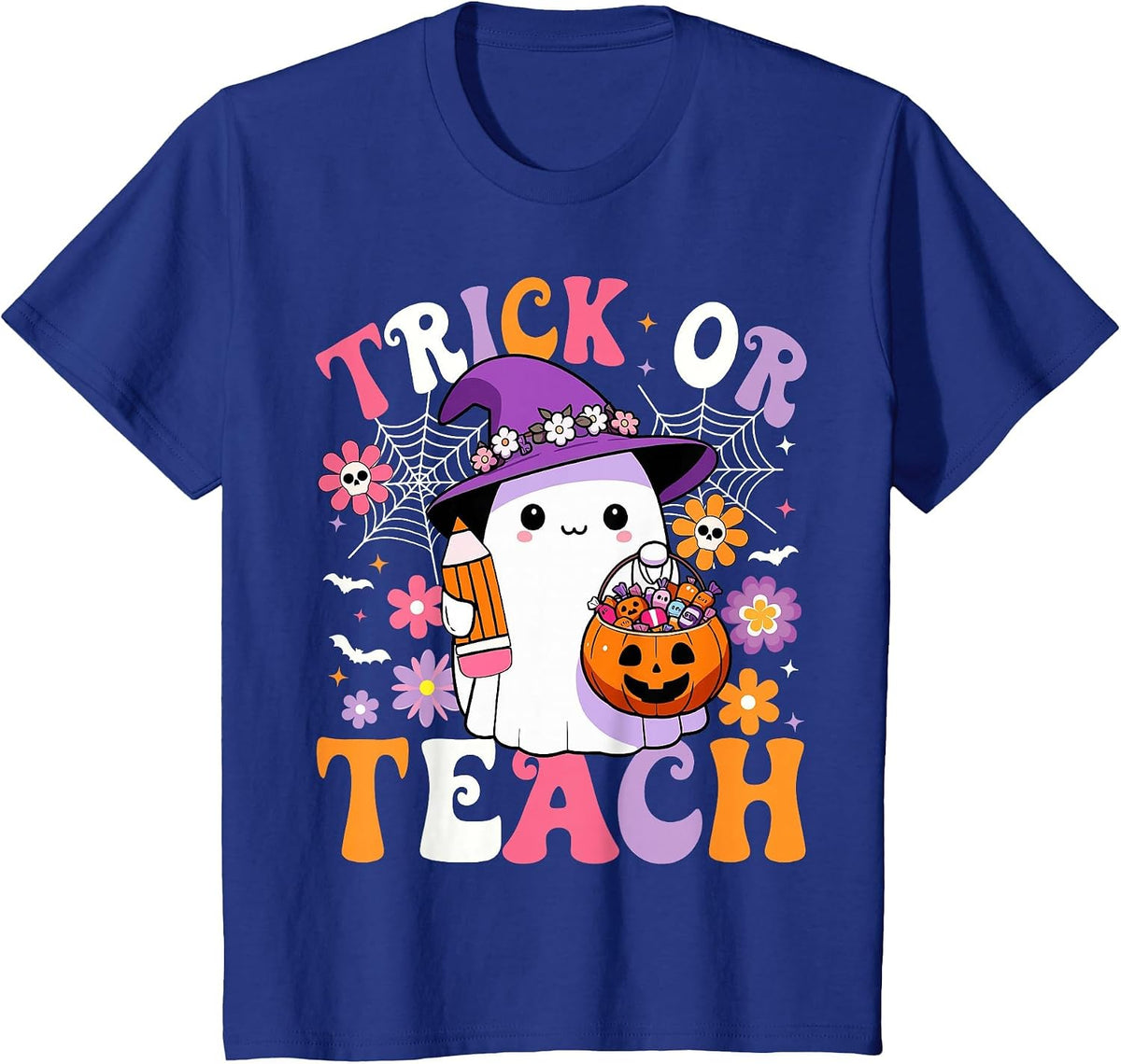 Trick Or Teach Groovy Teacher Ghost Funny Halloween Teacher T-Shirt - Royal Blue