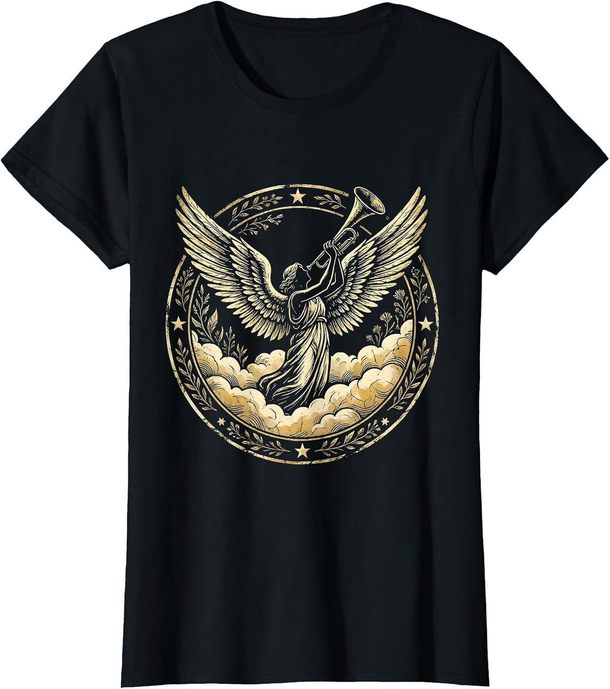 Make Heaven Crowded Trumpet Angel Clouds Design T-Shirt - Black