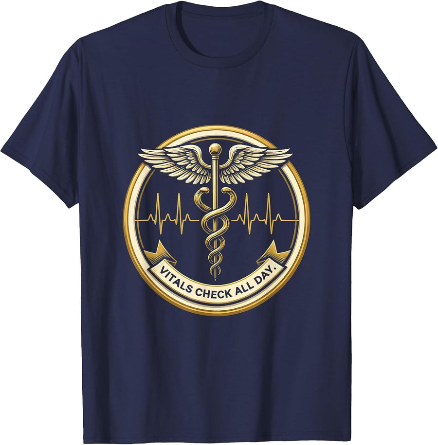 Vitals Check All Day Medical Assistant Design T-Shirt - Navy Blue