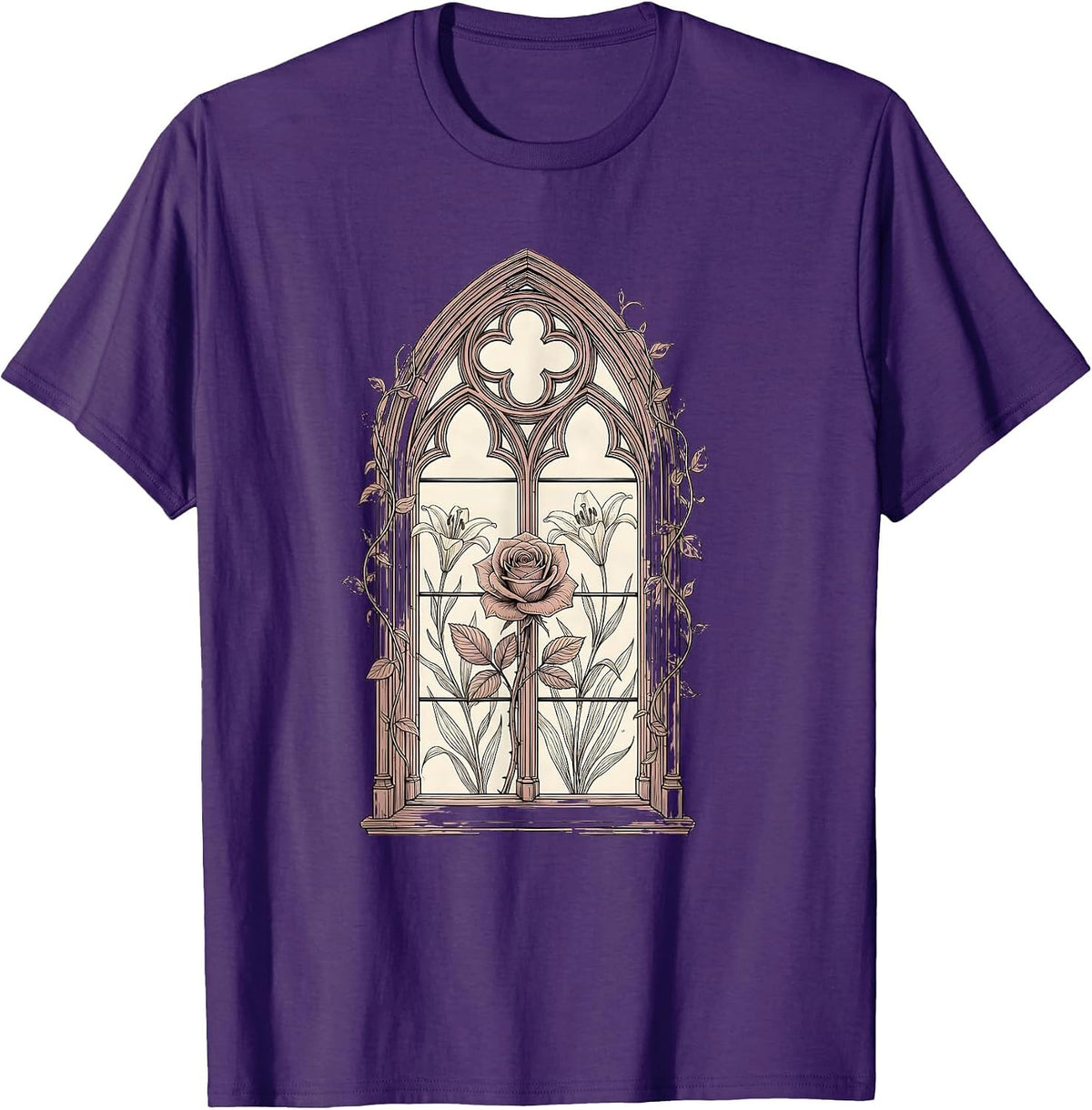Men's Stained Glass Blooming Garden Religious Design T-Shirt - Purple