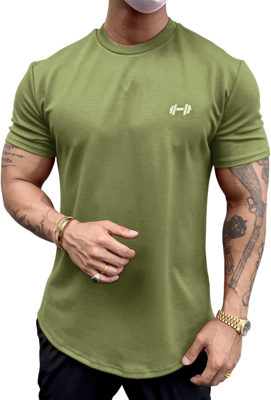 Men's Muscle Fit Longline Bodybuilding Workout Casual Fashion Short Sleeve T-Shirt - Green (Short Sleeve)