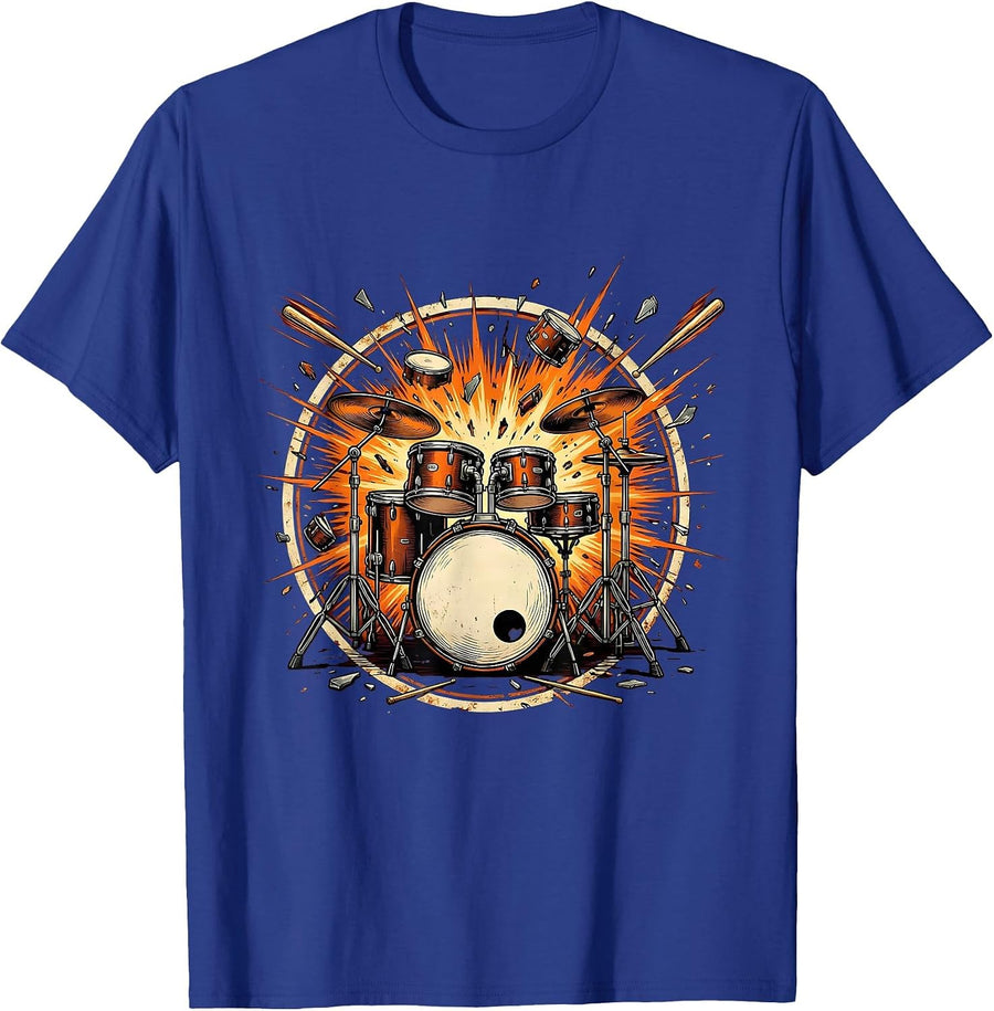 Exploding Drum Kit Rock Music Graphic Tee T-Shirt - Royal Blue