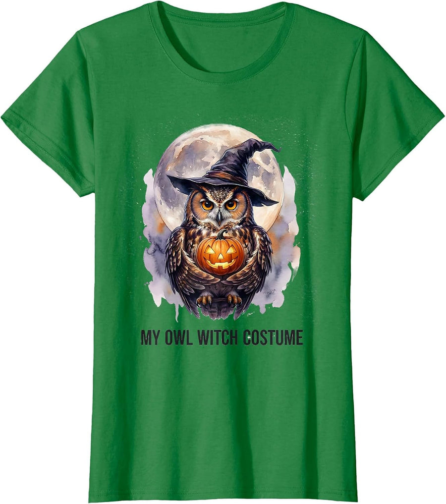 Women's My Owl Witch Costume Watercolor Halloween Animal Lover T-Shirt - Kelly Green