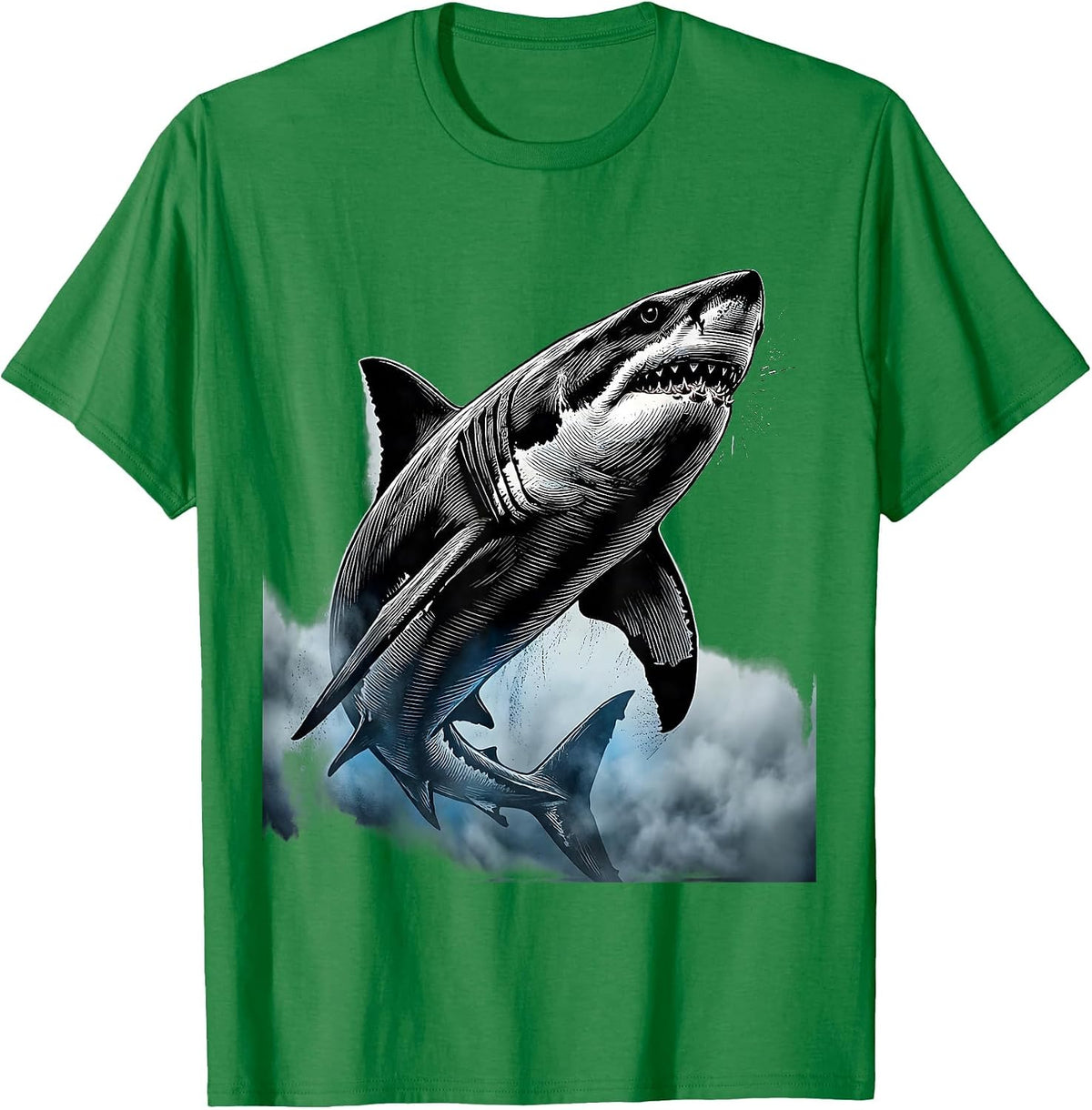 Men's Shark Emerging From Ocean Fog Illustration T-Shirt - Kelly Green