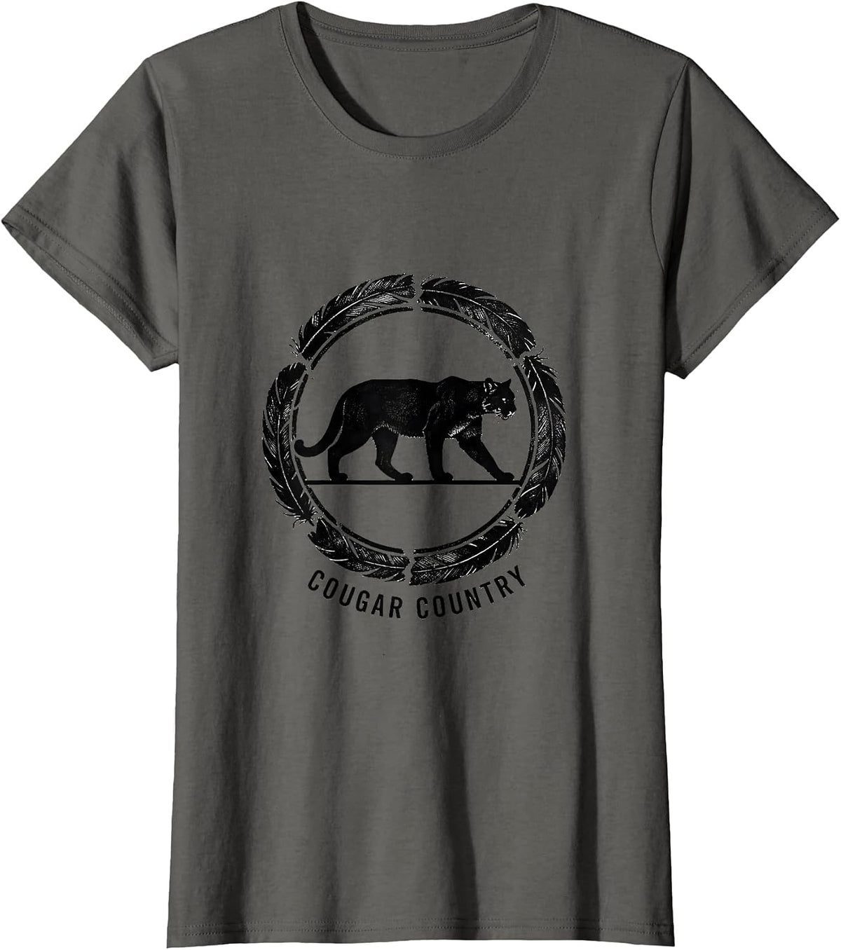 Women's Cougar Country Rubber Stamp Wildlife Portrait Nature Art T-Shirt - Asphalt Grey