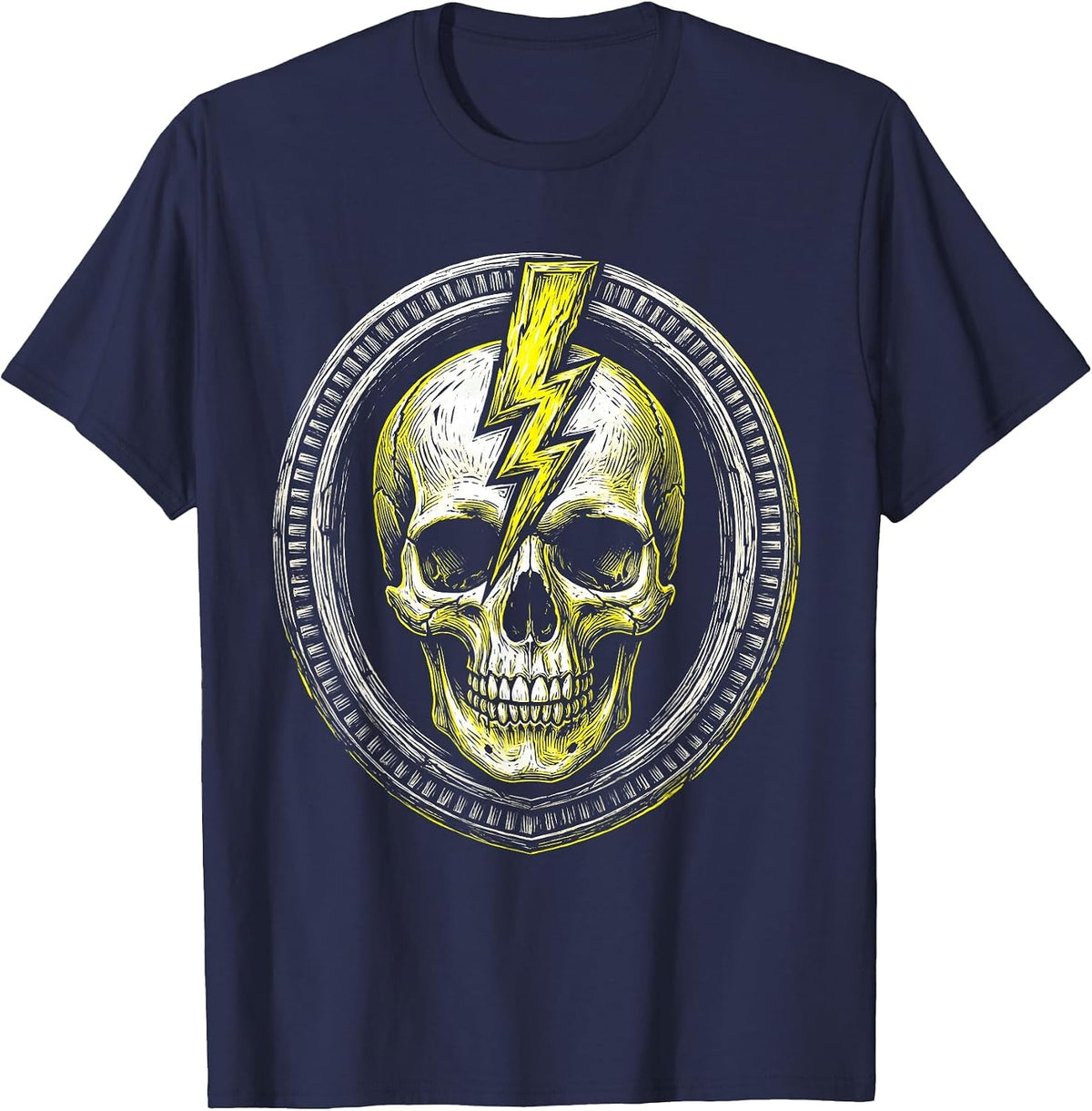 Skull Lightning Bolt Metal Band Graphic T-Shirt - Navy Blue