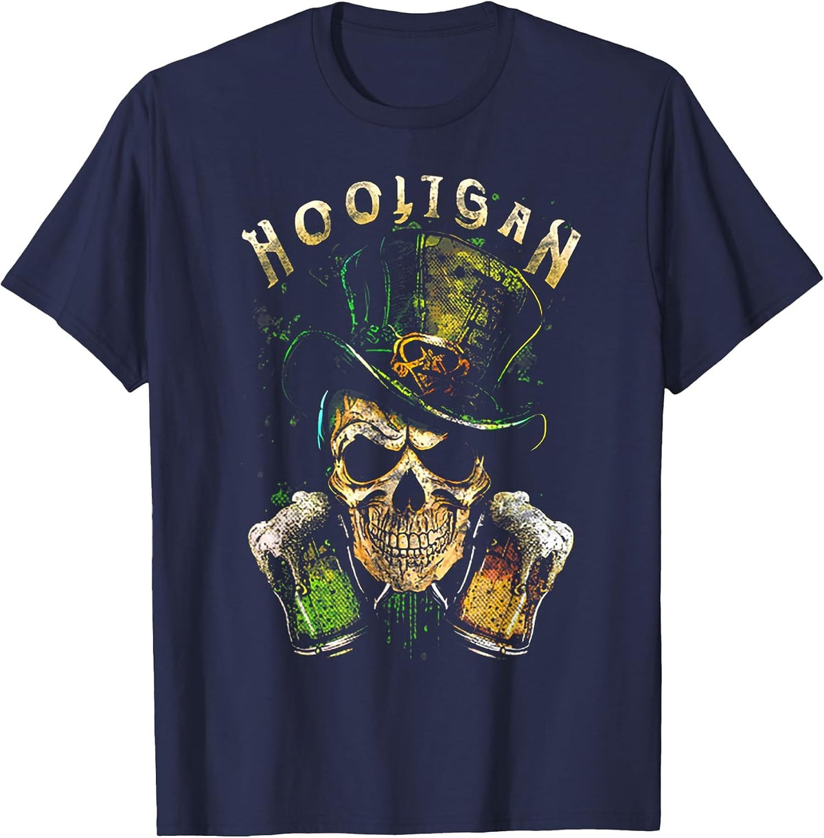 Hooligan Skull Beer Irish T-Shirt - Navy Blue