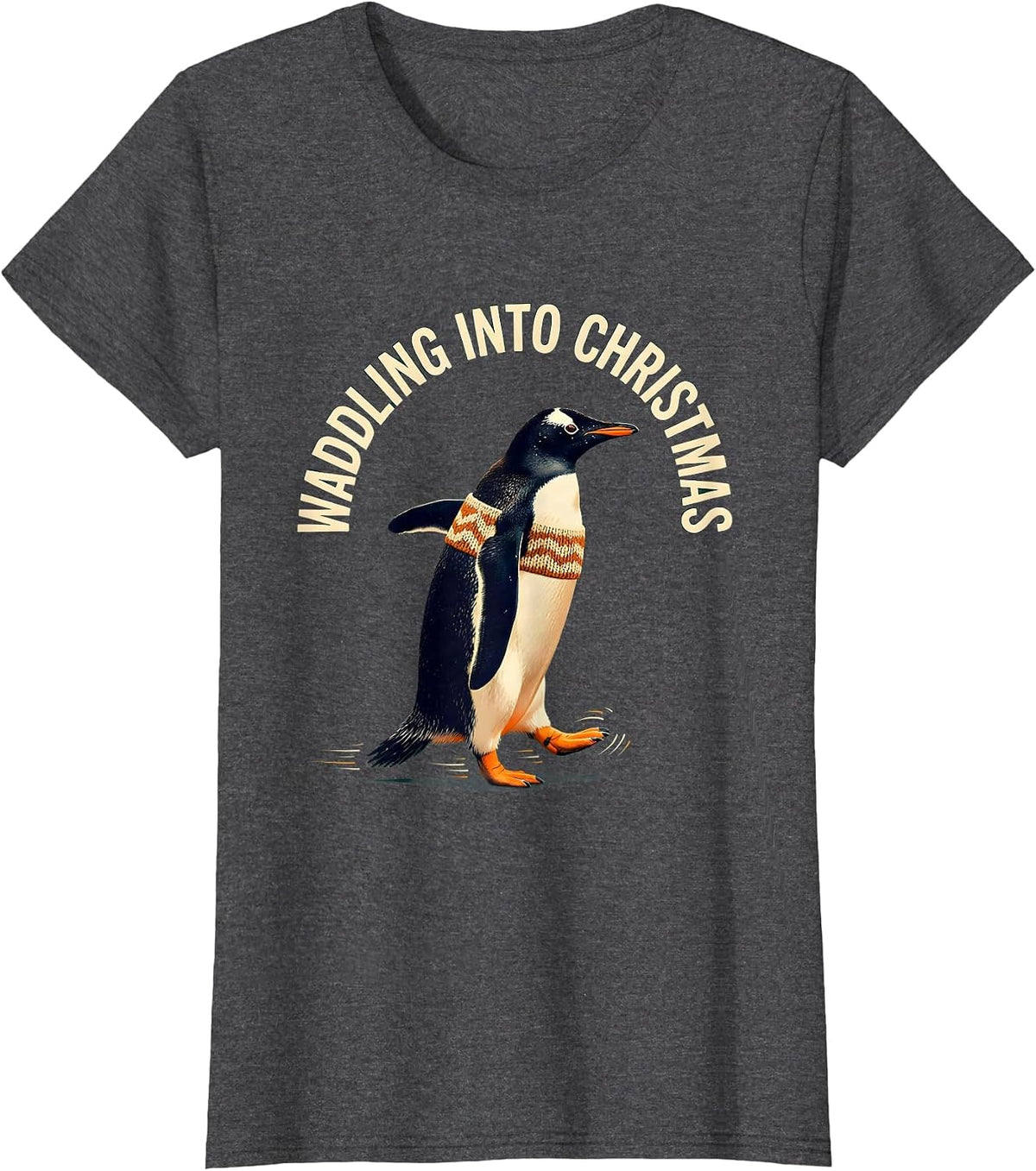 Women's Waddling Into Christmas Funny Penguin Lover Ugly Christmas T-Shirt - Dark Heather Grey