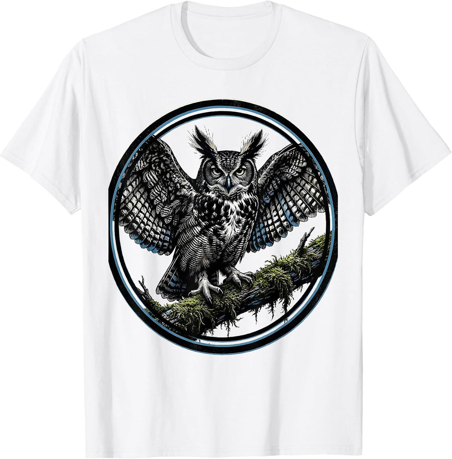 Men's Owl Perched on Mossy Branch Night Illustration T-Shirt - White
