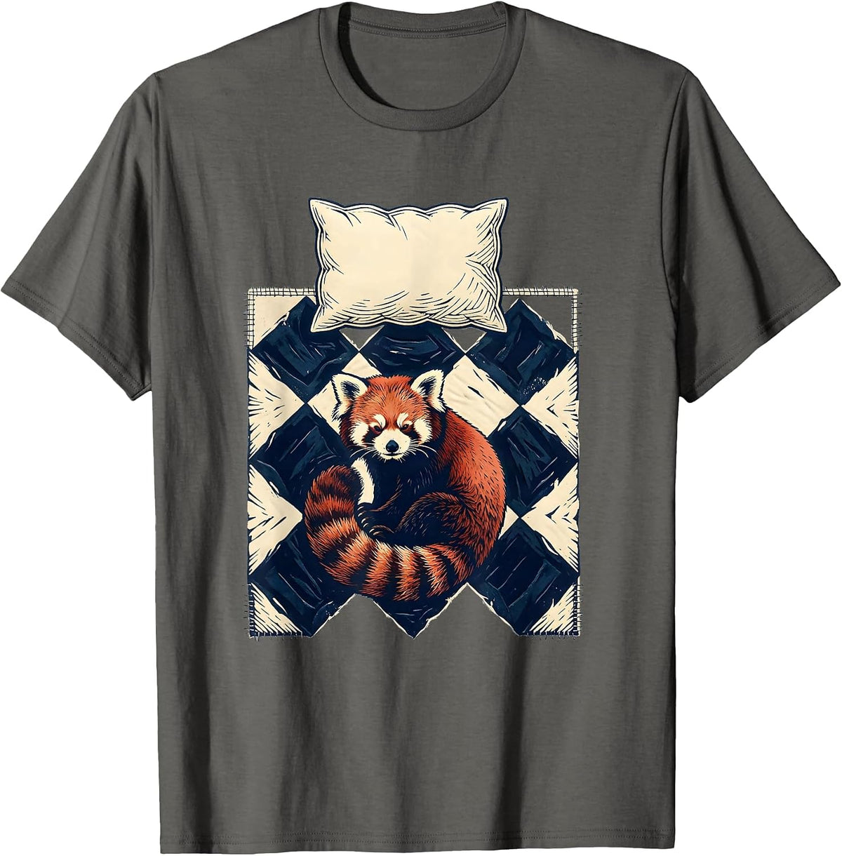 Men's Interlocked Diamond Quilt Sleeping Red Panda Pajama Humor T-Shirt - Asphalt Grey