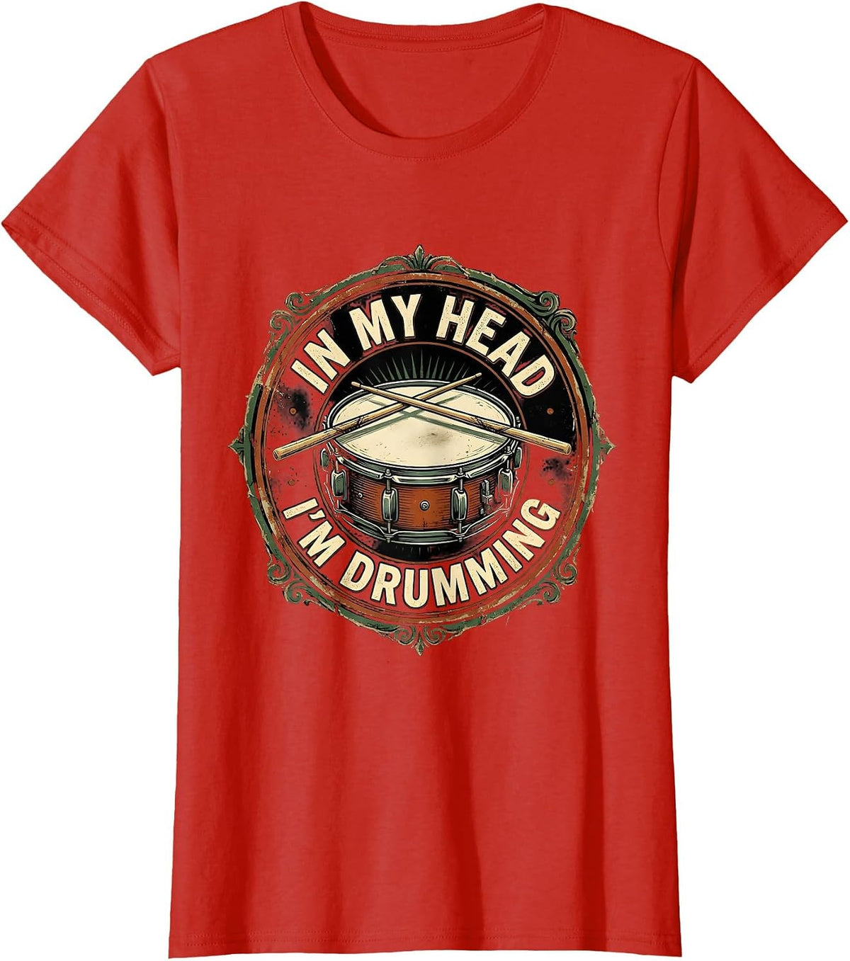In My Head I'm Drumming Vintage Drummer Design T-Shirt - Red