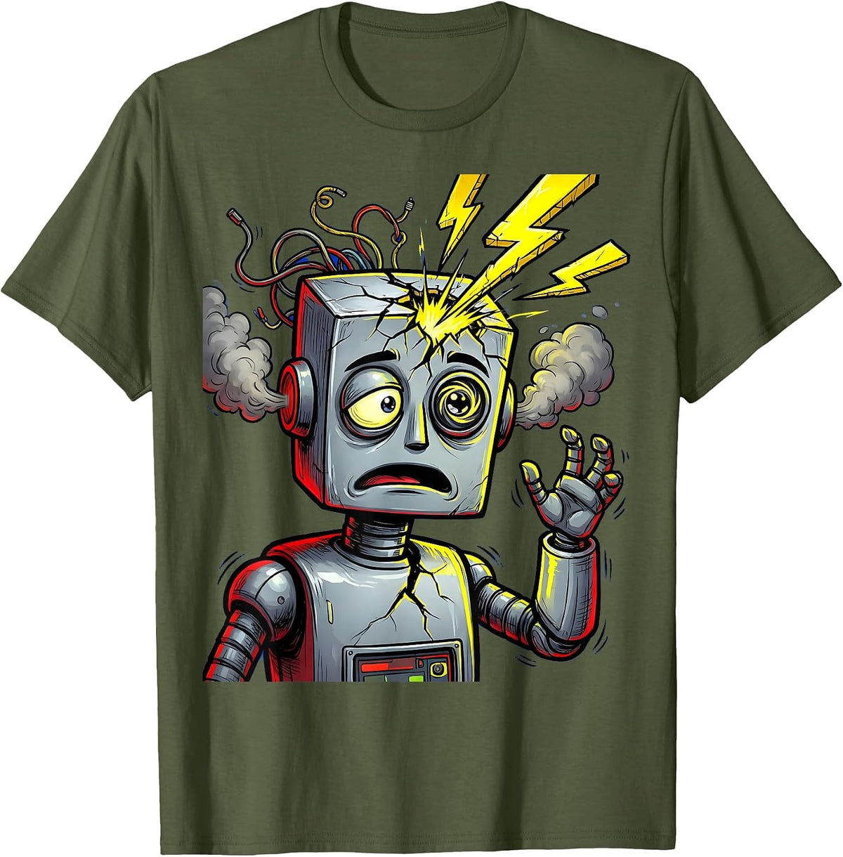 Glitching Robot Sparking Head Malfunction Design T-Shirt - Olive Green