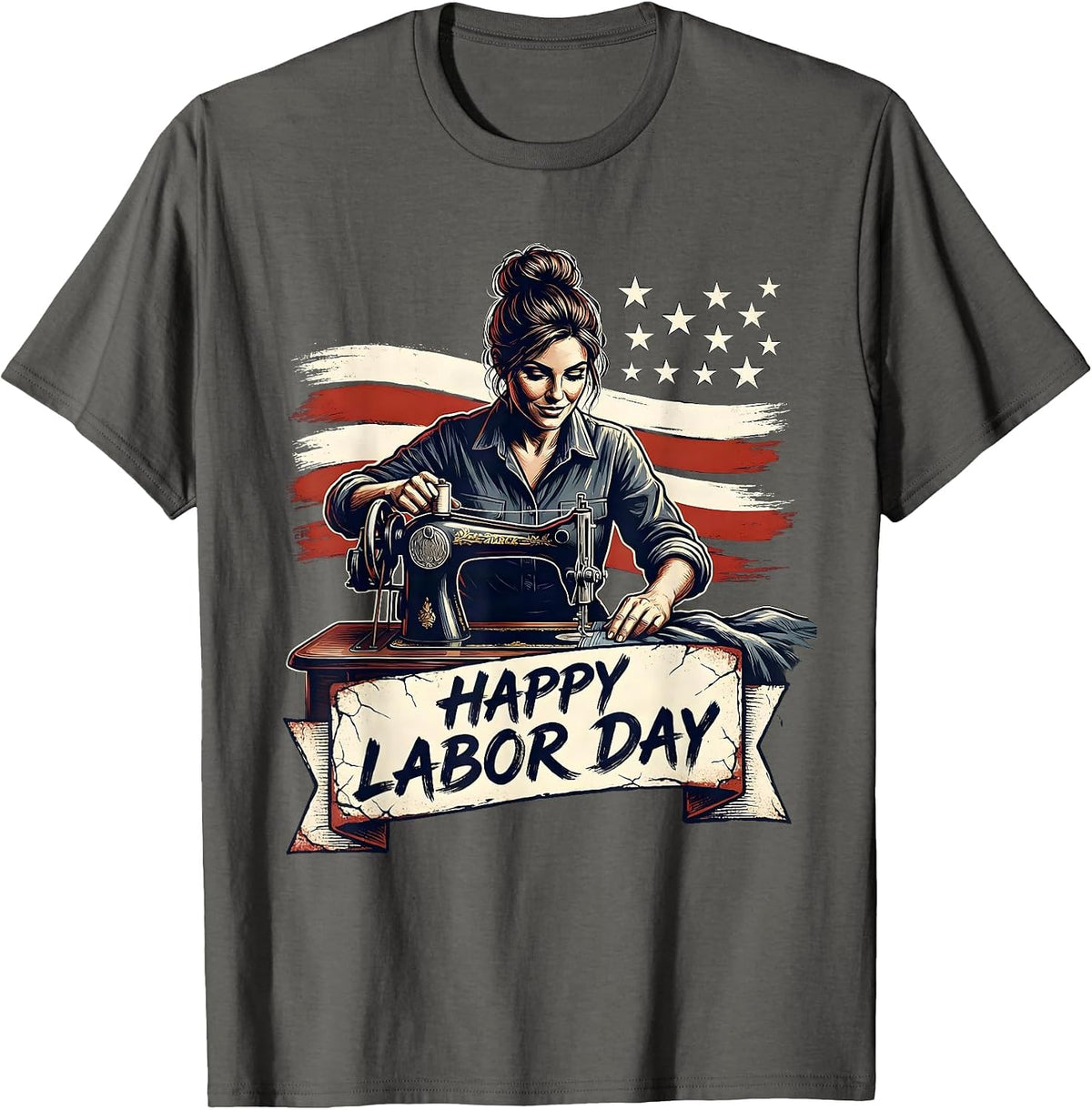 Men's Happy Labor Day Distressed Patriotic Woman Messy Bun Labor T-Shirt - Asphalt Grey