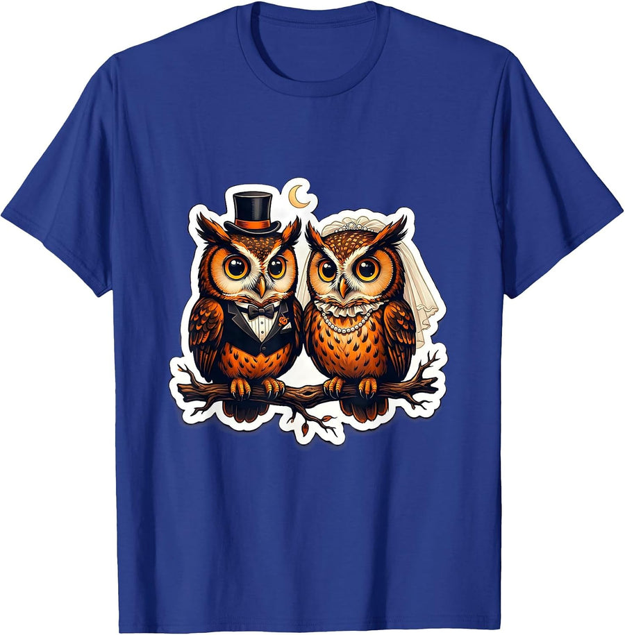 Halloween Couple Owl Bride and Groom Wedding Design T-Shirt - Royal Blue